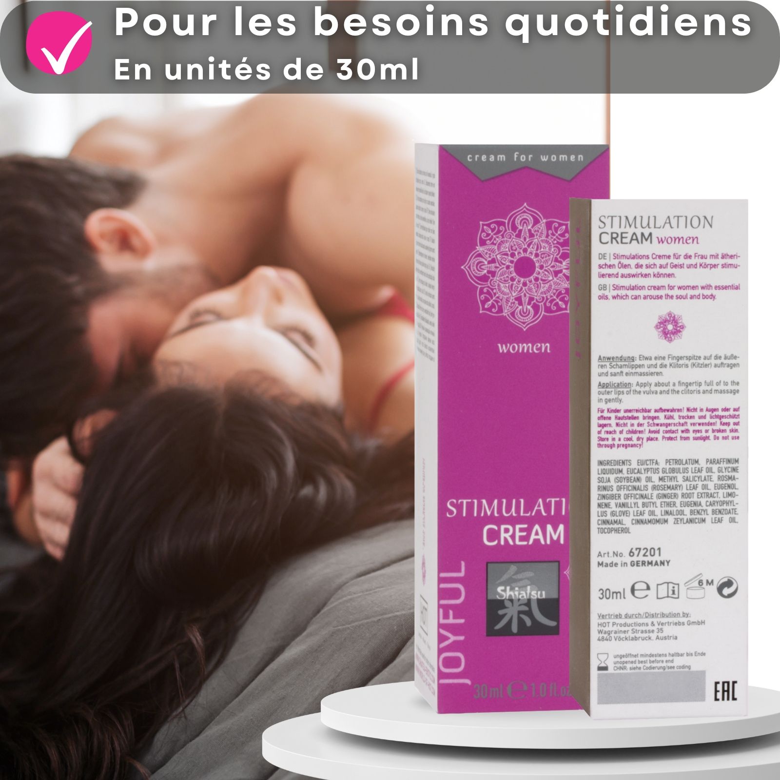 Tube et boîte roses. Inscription : Stimulation Cream, Shiatsu, Joyful. Texte et couple au lit.