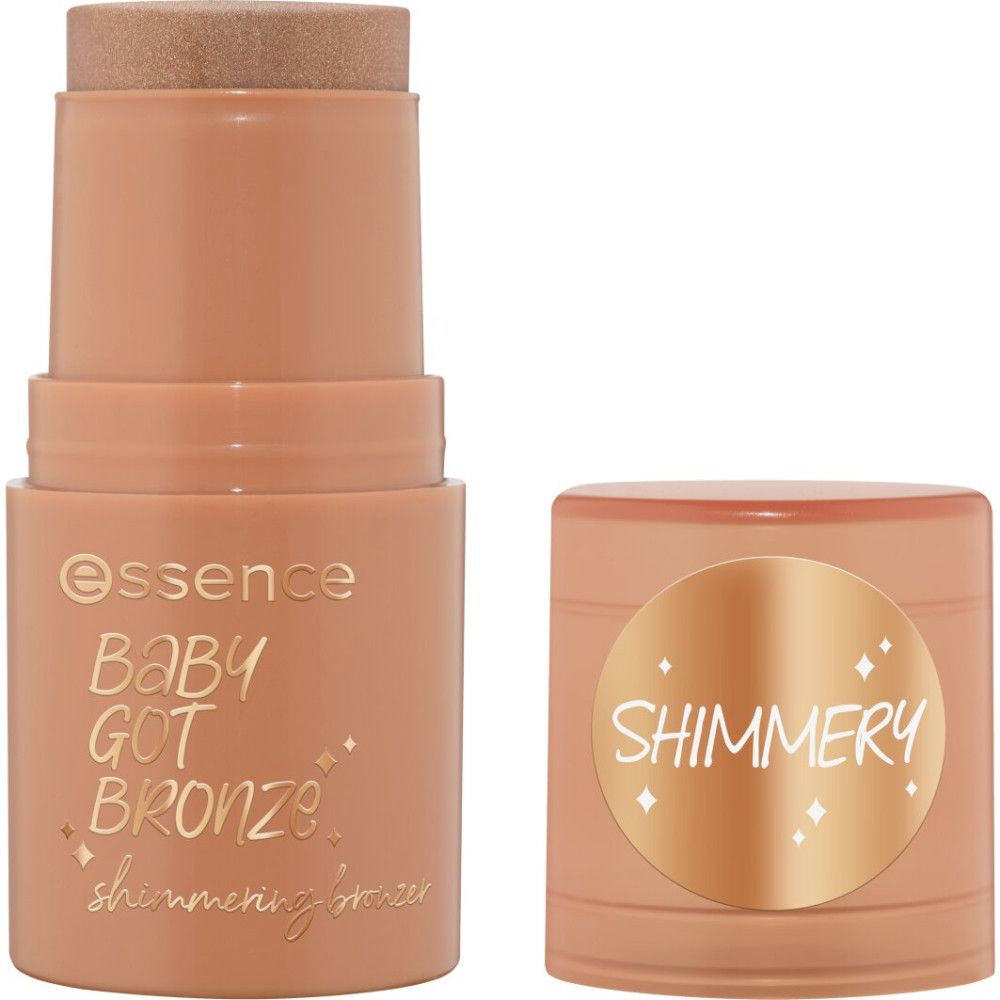 Bronzer stick met dop. De stick is lichtbruin en heeft een glinsterend effect. Er staat "Essence Baby Got Bronze" op.