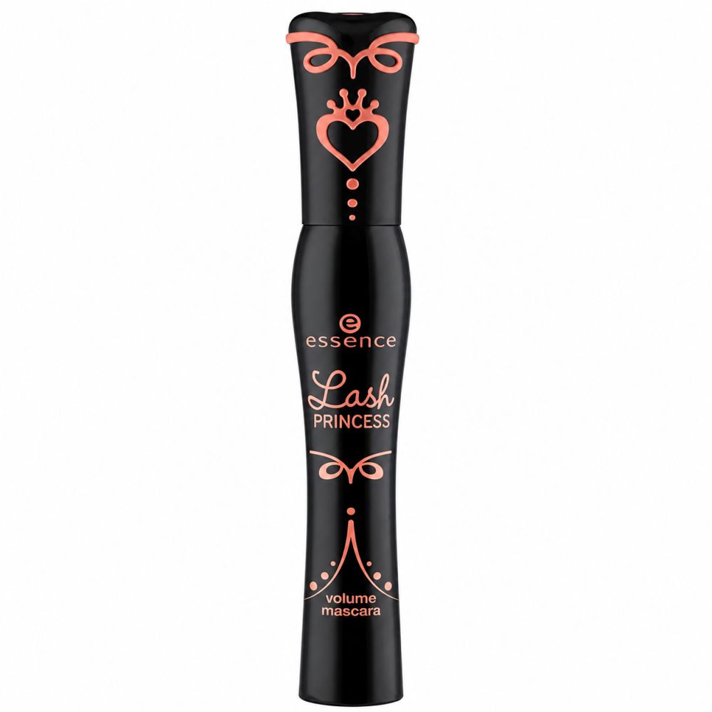 Emballage de mascara noir avec des ornements roses en forme de cœur et de couronne. Indique 'essence Lash Princess Volume Mascara'.