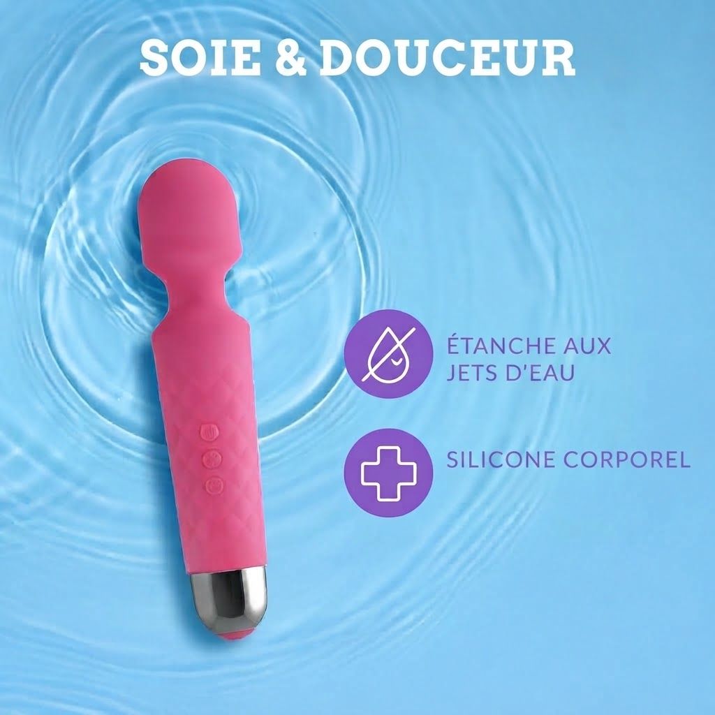 Vibrateur rose en silicone avec base métallique. Étanche aux jets d'eau.