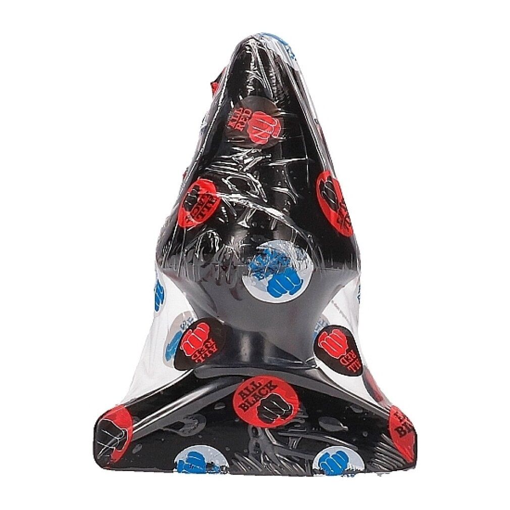 Buttplug conique noir, emballé dans du film plastique avec des logos rouges et bleus.