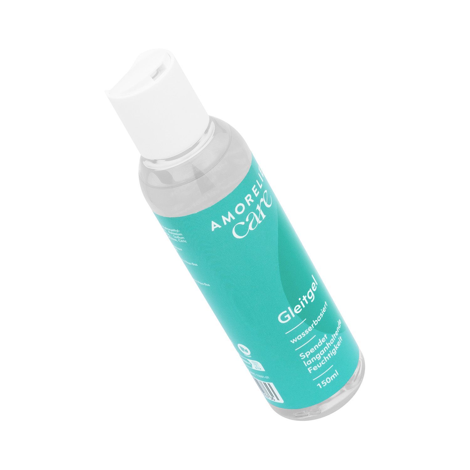 Schuin geplaatste transparante fles met witte dop. Opschrift AMORELIE Care, Gleitgel, op waterbasis.