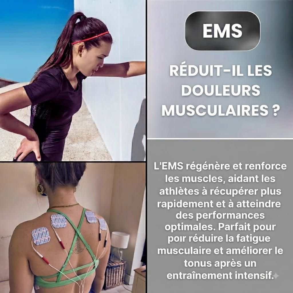 Femme avec des électrodes EMS sur le dos, se reposant après l'exercice.