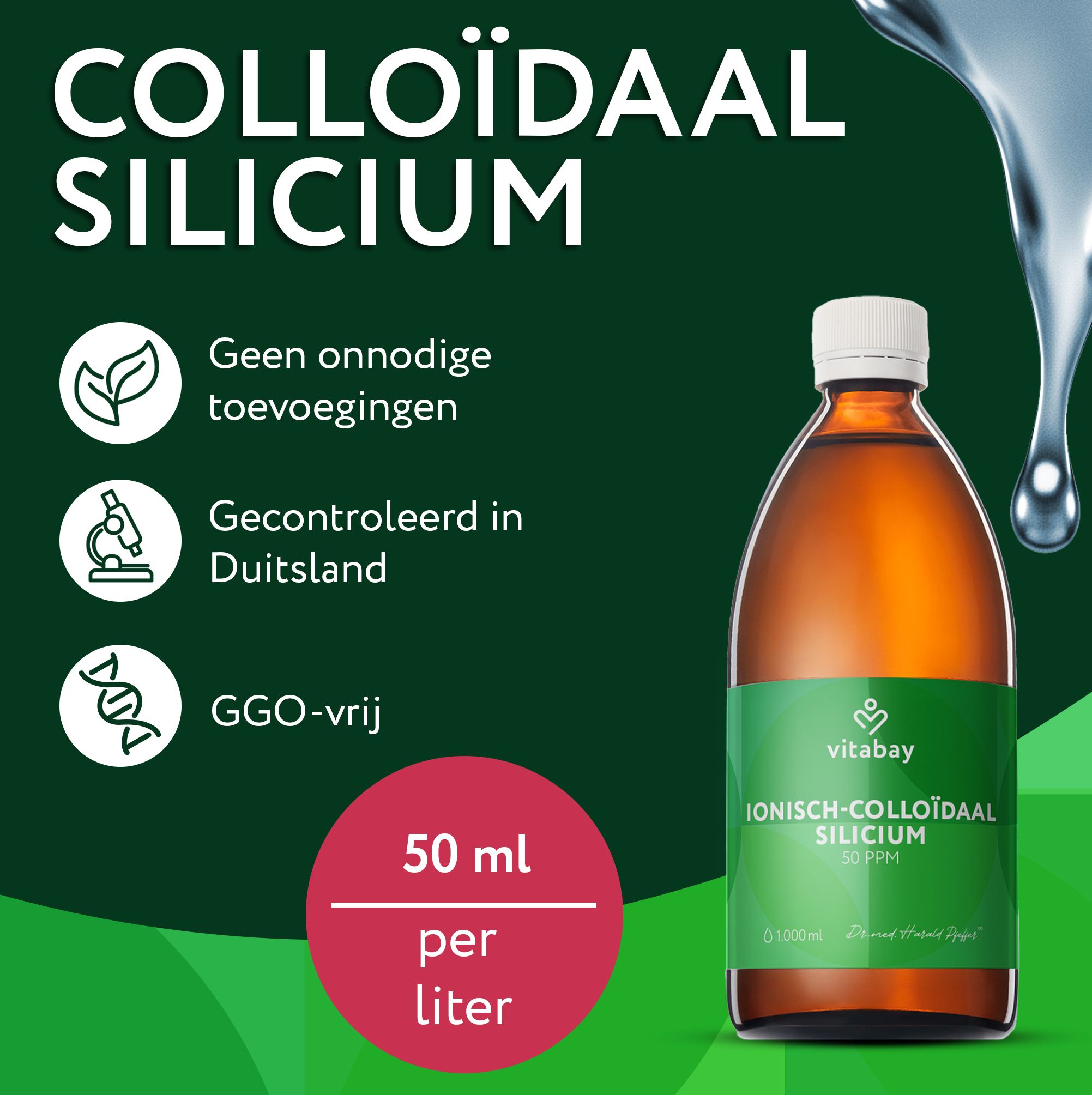 Bruine glazen fles met groen etiket "vitabay IONISCH-COLLOIDAL SILICIUM 30 PPM". Naast "COLLOIDAL SILICIUM".