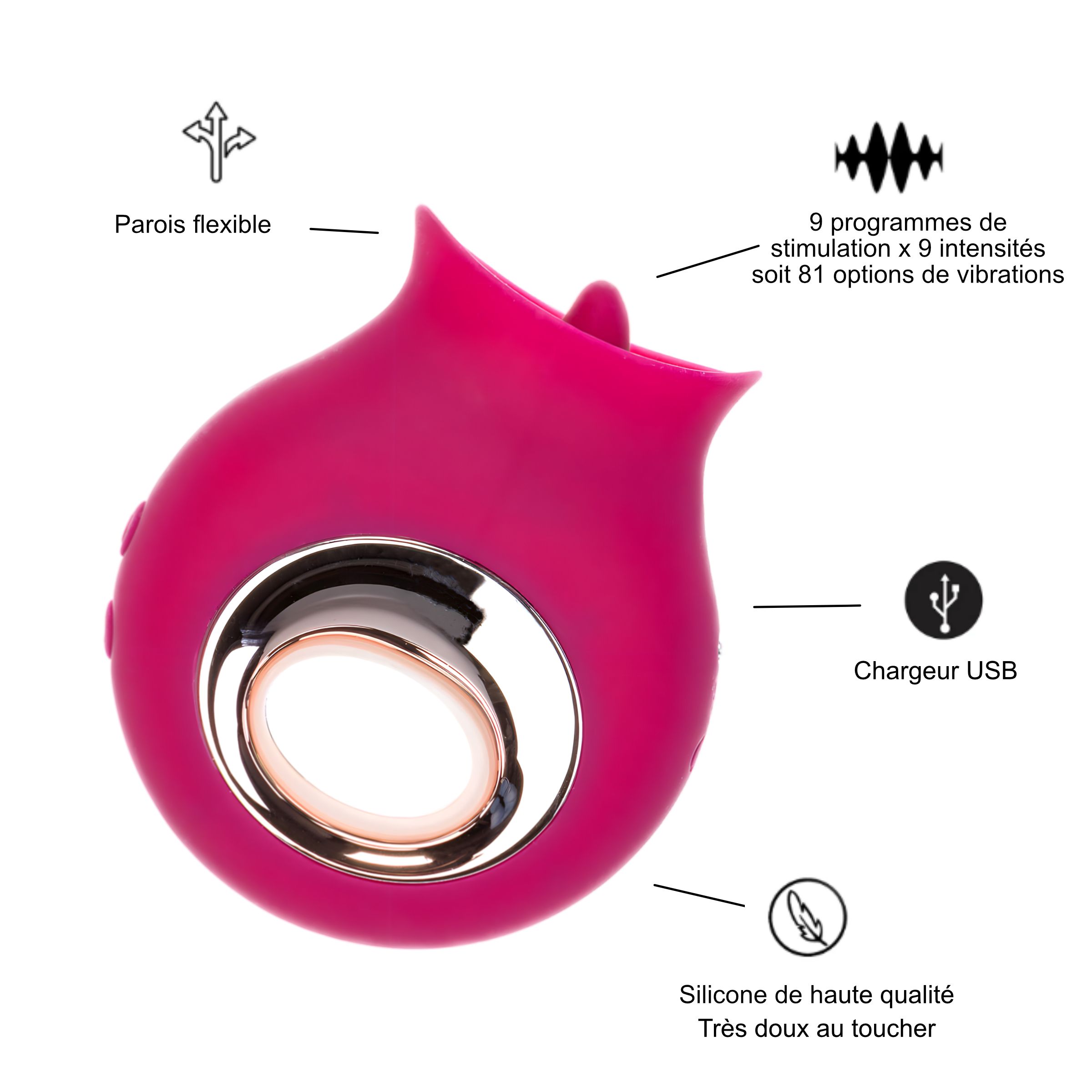 Appareil rose avec parties flexibles, port de charge USB et 81 options de vibrations. En silicone de haute qualité.