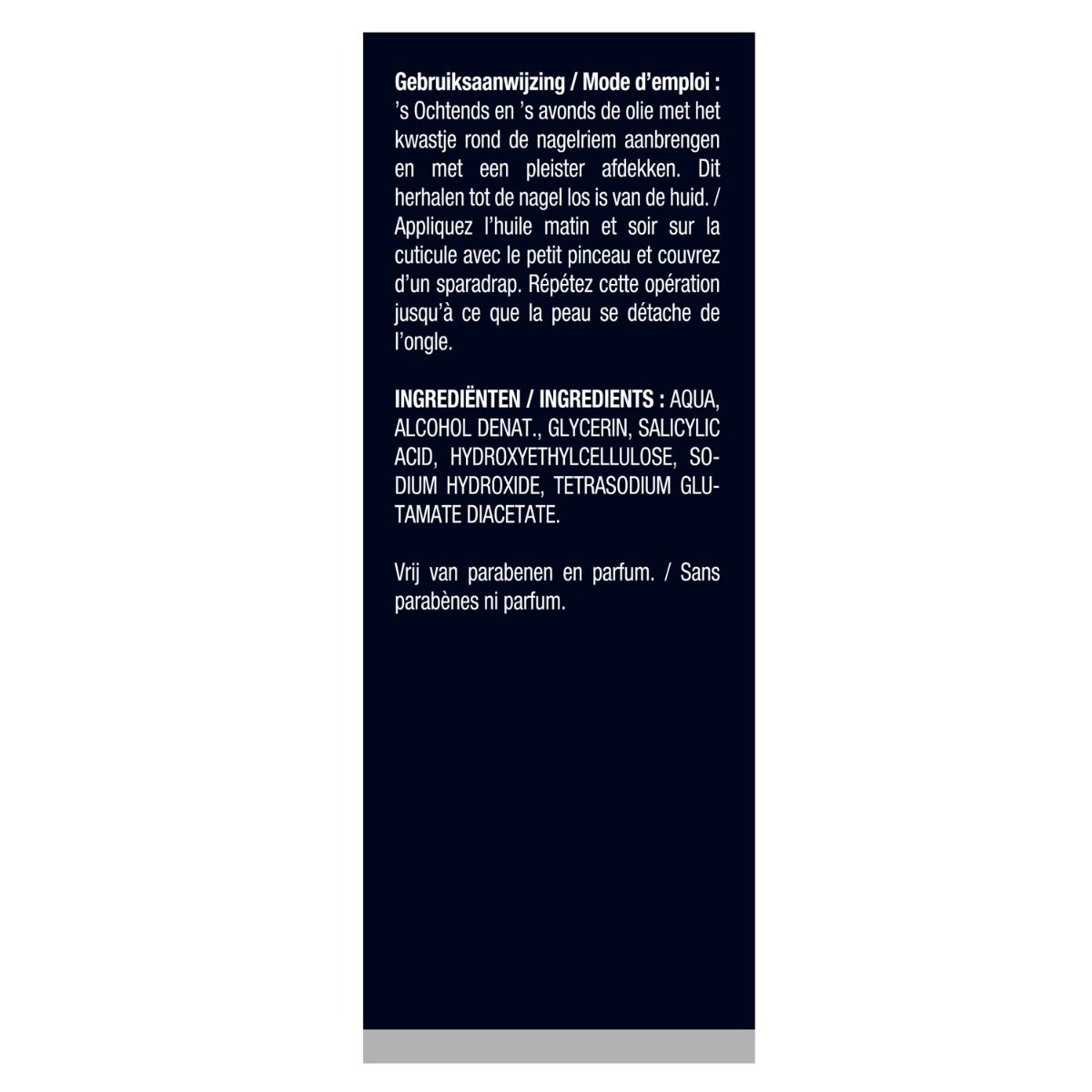 Achterkant van de productverpakking. Bevat instructies, ingrediënten en informatie over parabenen.