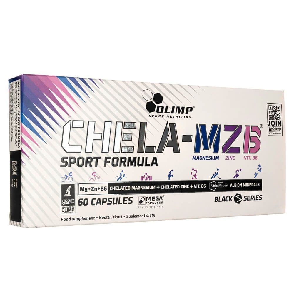 Olimp Chela-MZB Sport Formula capsuleverpakking, achterkant met voedingswaarde-informatie.