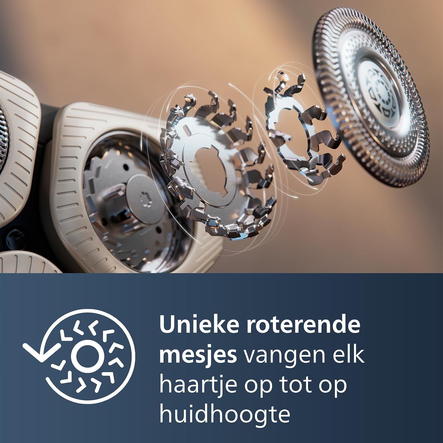 Explosie-aanzicht van roterende scheerkoppen met mesjes.