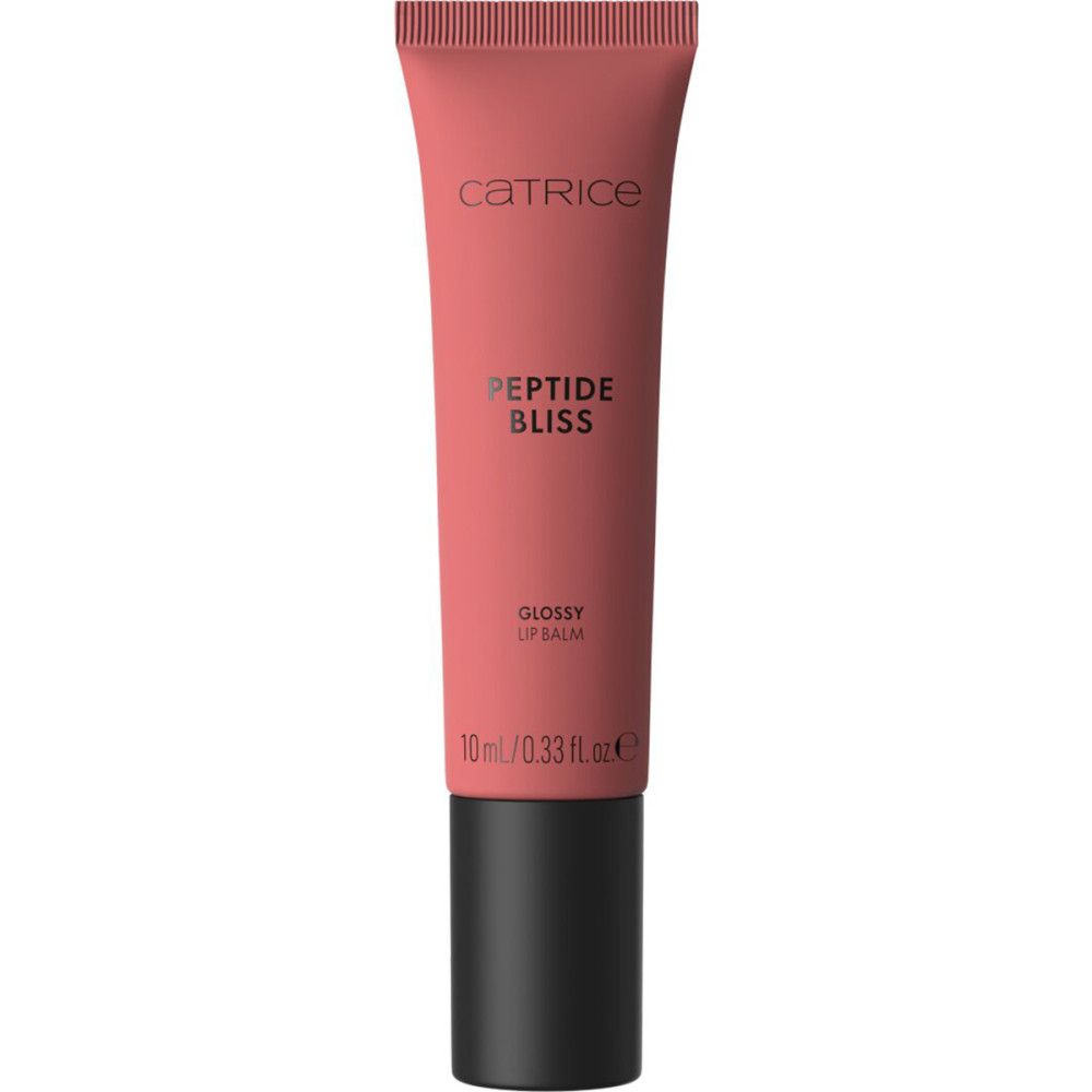 Catrice Peptide Bliss Glossy Lip Balm tube. Roze tube met zwarte dop. Opschrift: Catrice, Peptide Bliss, Glossy Lip Balm.