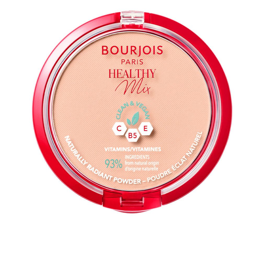 Ronde, roze poeder in rode doos. Opschrift: Bourjois Paris Healthy Mix, Clean & Vegan, 93% ingrediënten van natuurlijke oorsprong.
