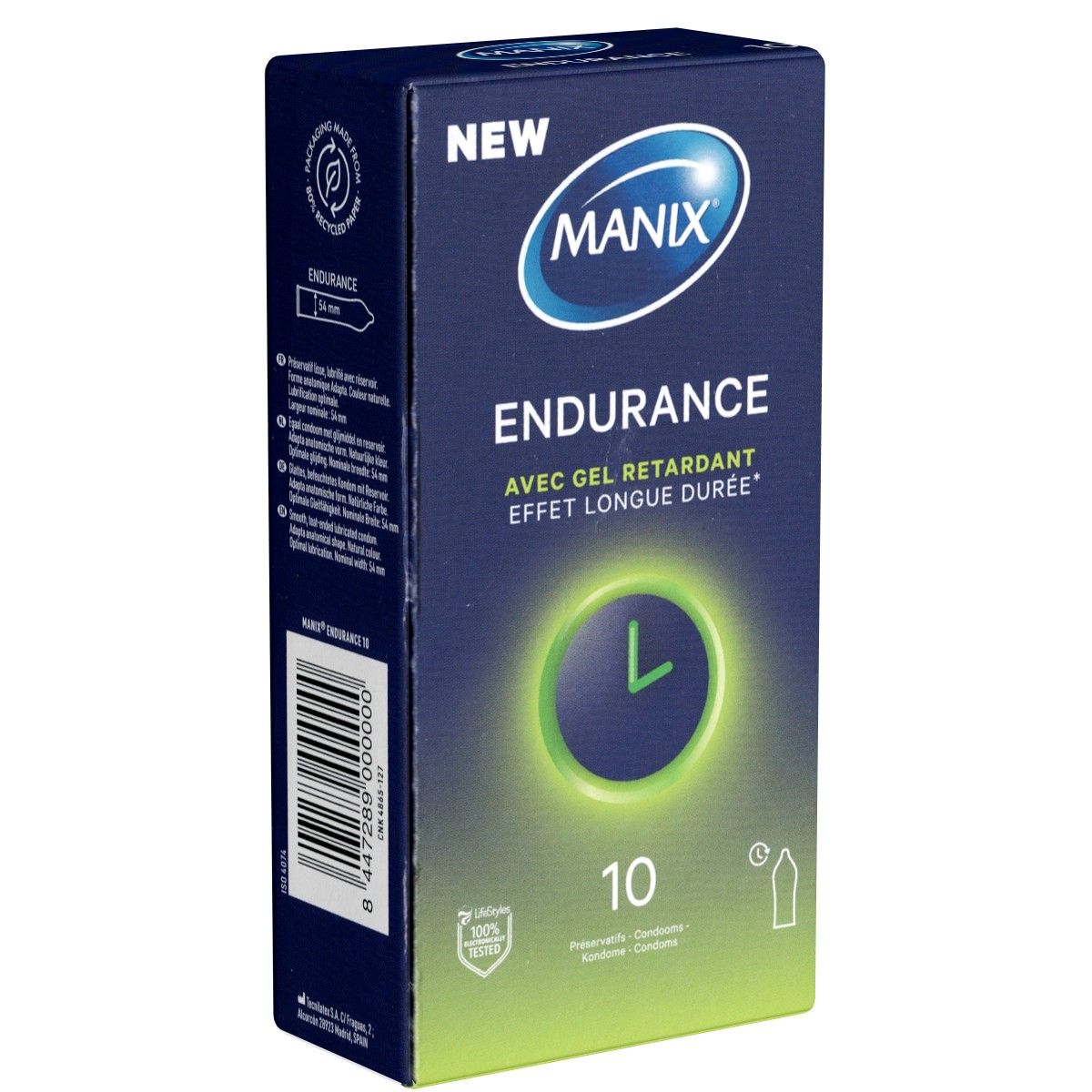 Boîte de 10 préservatifs Manix Endurance. Boîte bleue avec accents verts et symbole d'horloge.