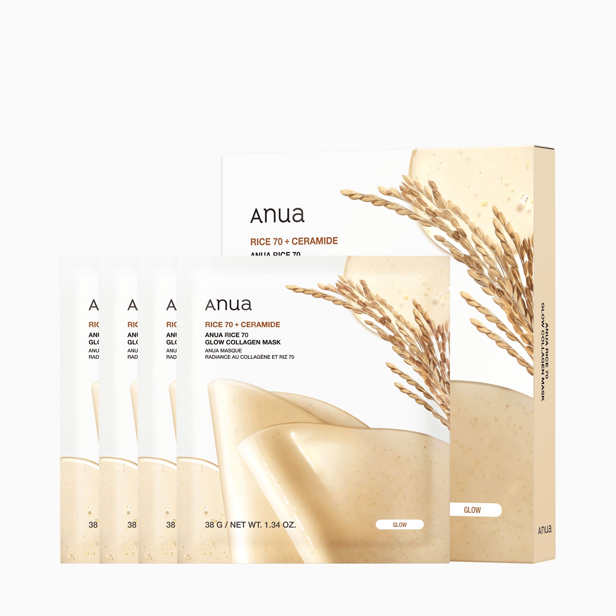 Verpakking met 4 Anua Rice 70 Glow Collagen maskers.