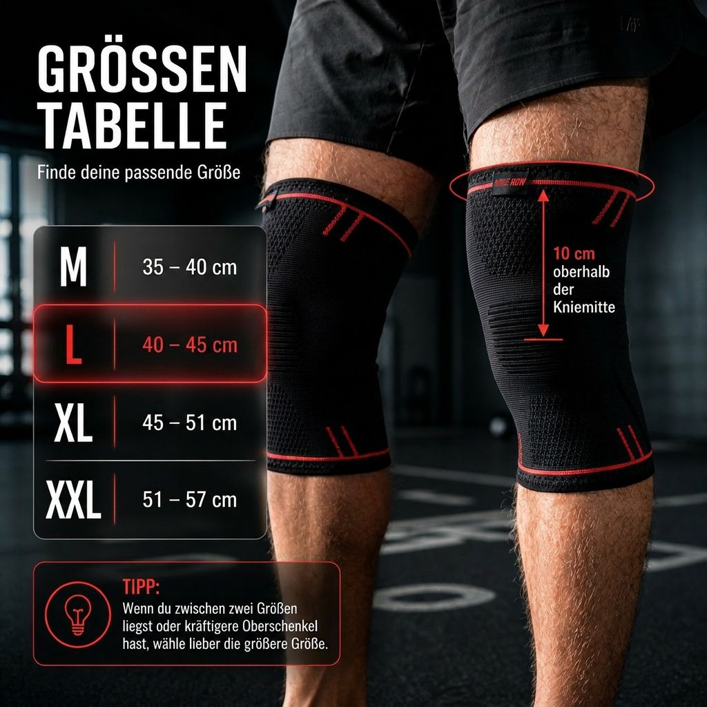 Maattabel voor kniebraces. Maten M, L, XL, XXL. Meetinstructies.