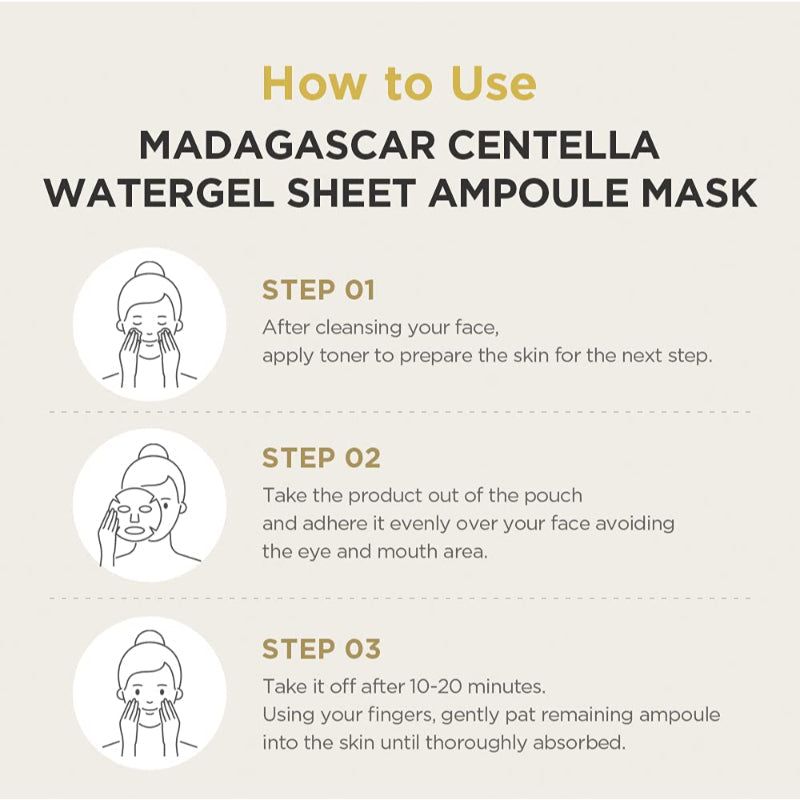 Instructions d'utilisation du masque facial. Texte: Madagascar Centella Watergel Sheet Ampoule Mask. Étapes 1-3.