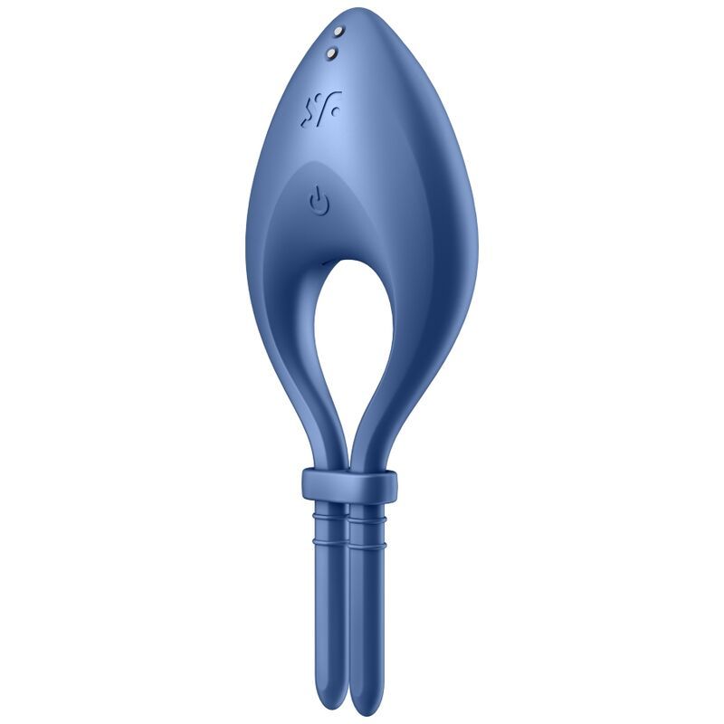 Vibrateur annulaire bleu avec deux stimulateurs et un bouton d'alimentation.