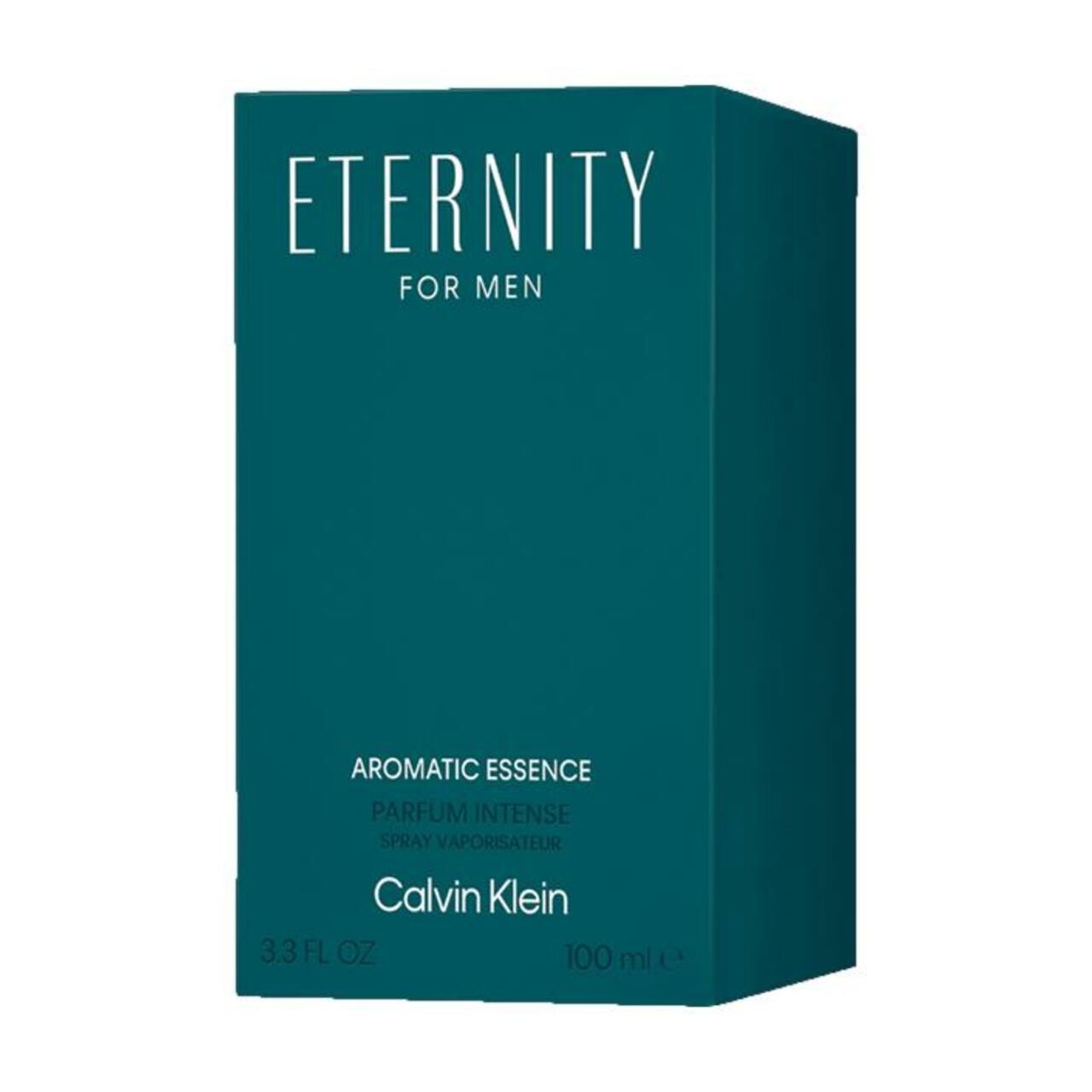 Emballage turquoise. Inscription: Eternity for Men, Aromatic Essence, Calvin Klein. 100 ml.