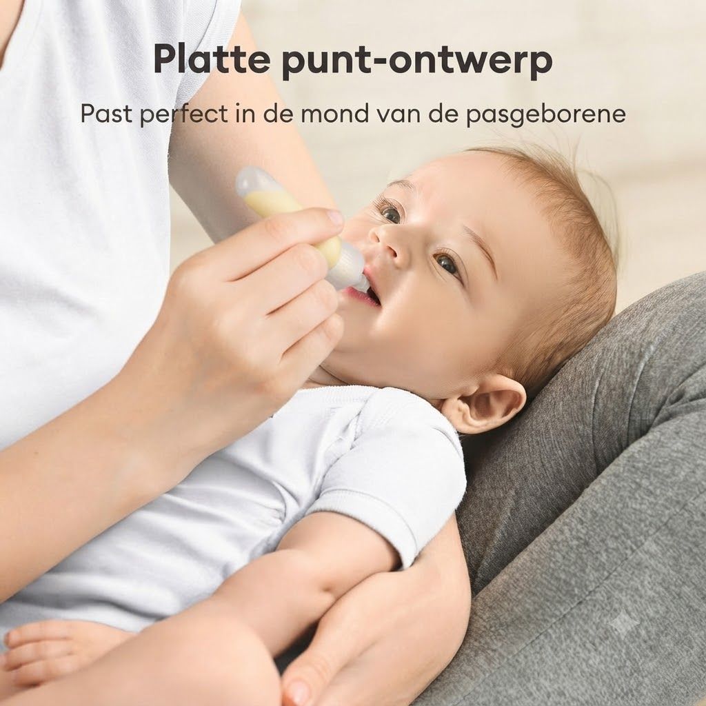 Een baby medicijndispenser met platte punt wordt aan een zuigeling gegeven.