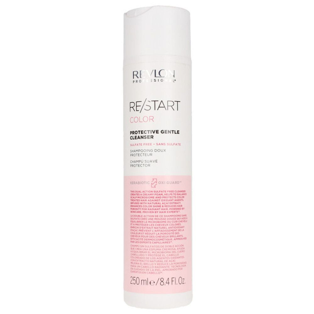 Flacon blanc avec étiquette rose. Inscription: Revlon, Re/Start Color, Protective Gentle Cleanser. 250 ml.