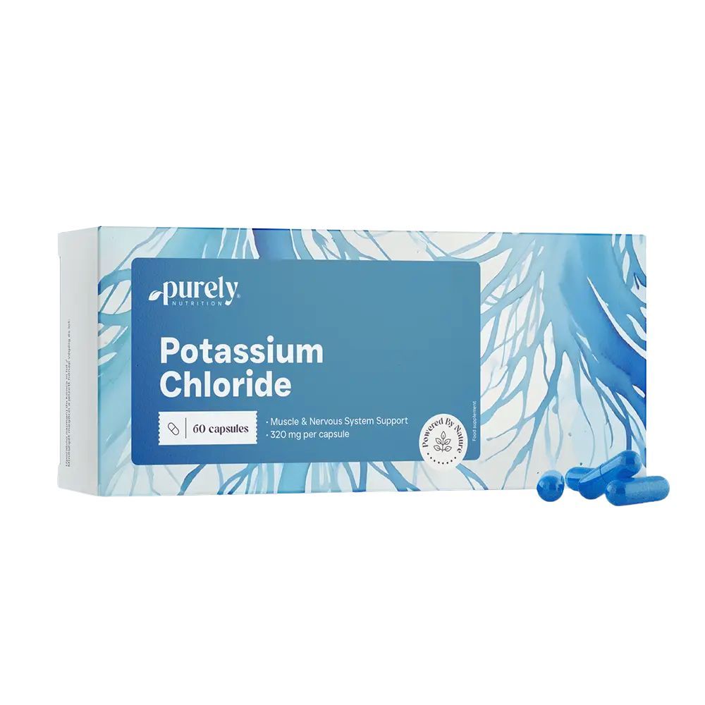 Doos met capsules. Blauwe capsules ernaast. Opschrift: Purely Nutrition, Potassium Chloride, 60 capsules.
