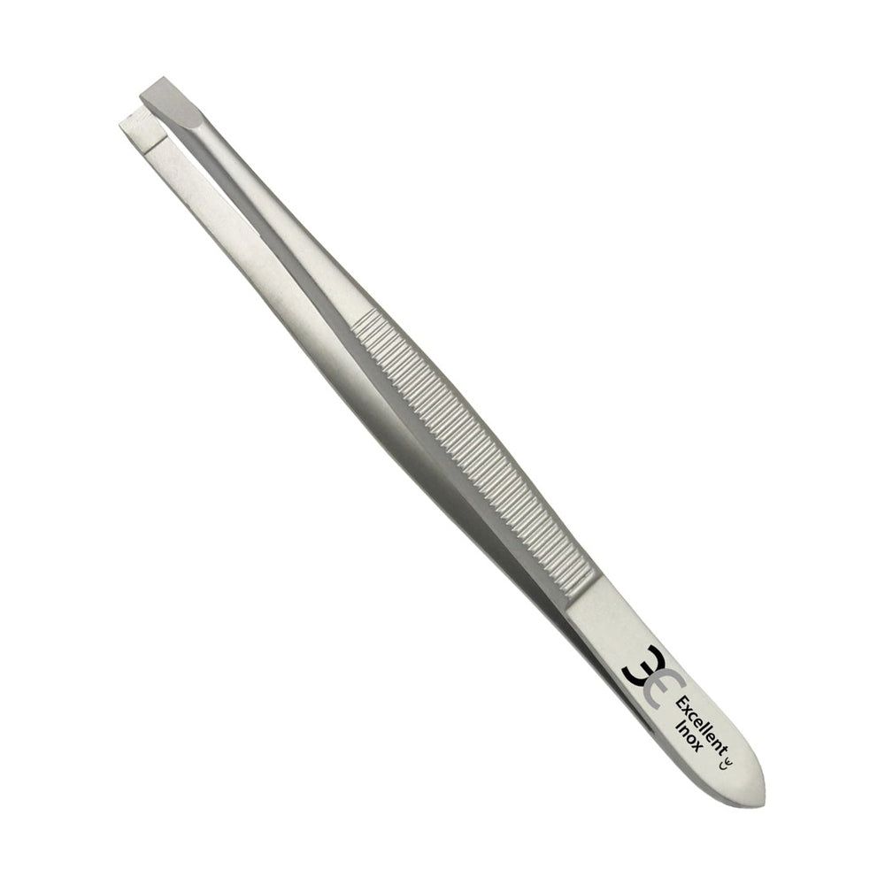 Pince à épiler droite en métal. Surface de préhension striée. Inscription: Excellent Inox.
