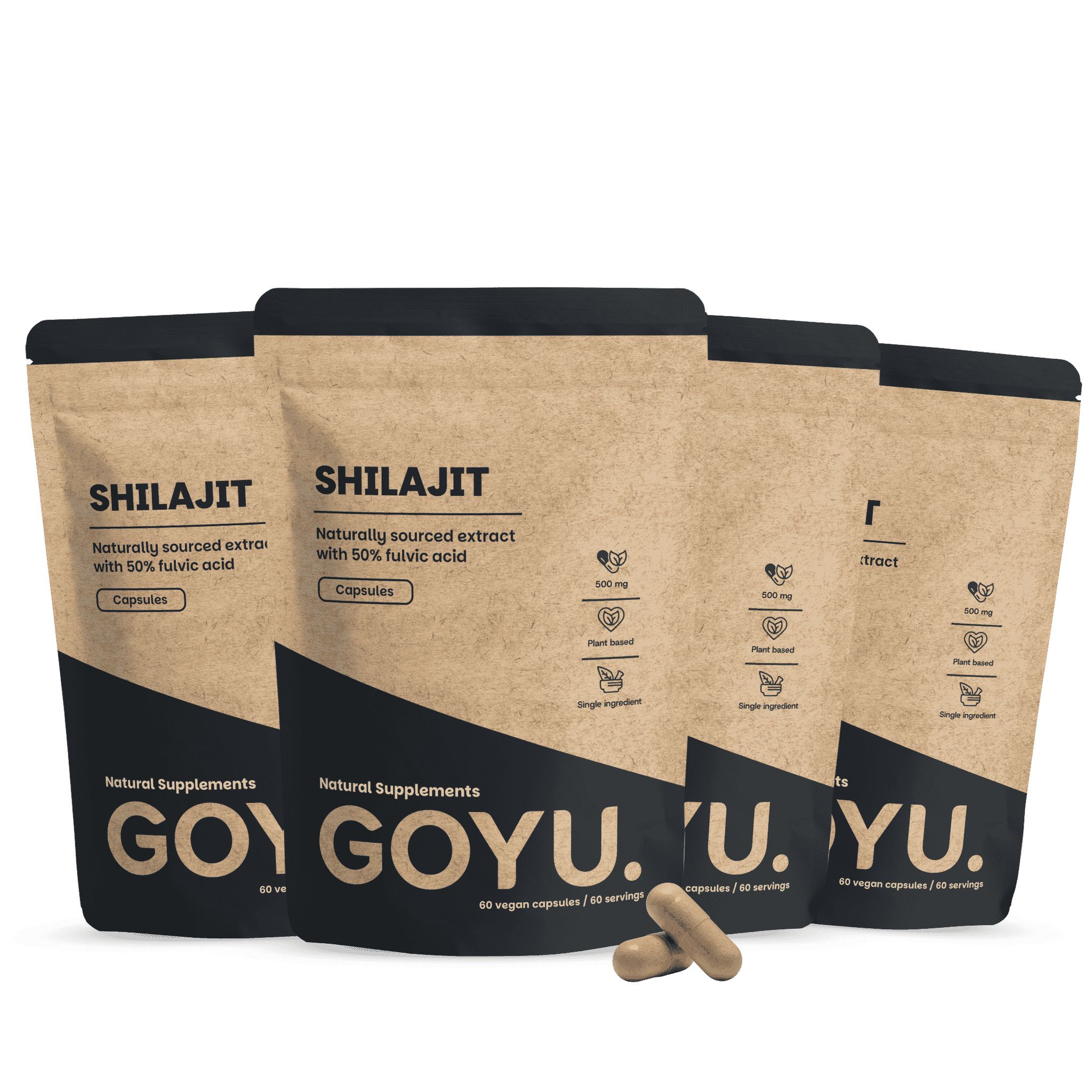 Quatre sachets marron de gélules de Shilajit, deux gélules devant.