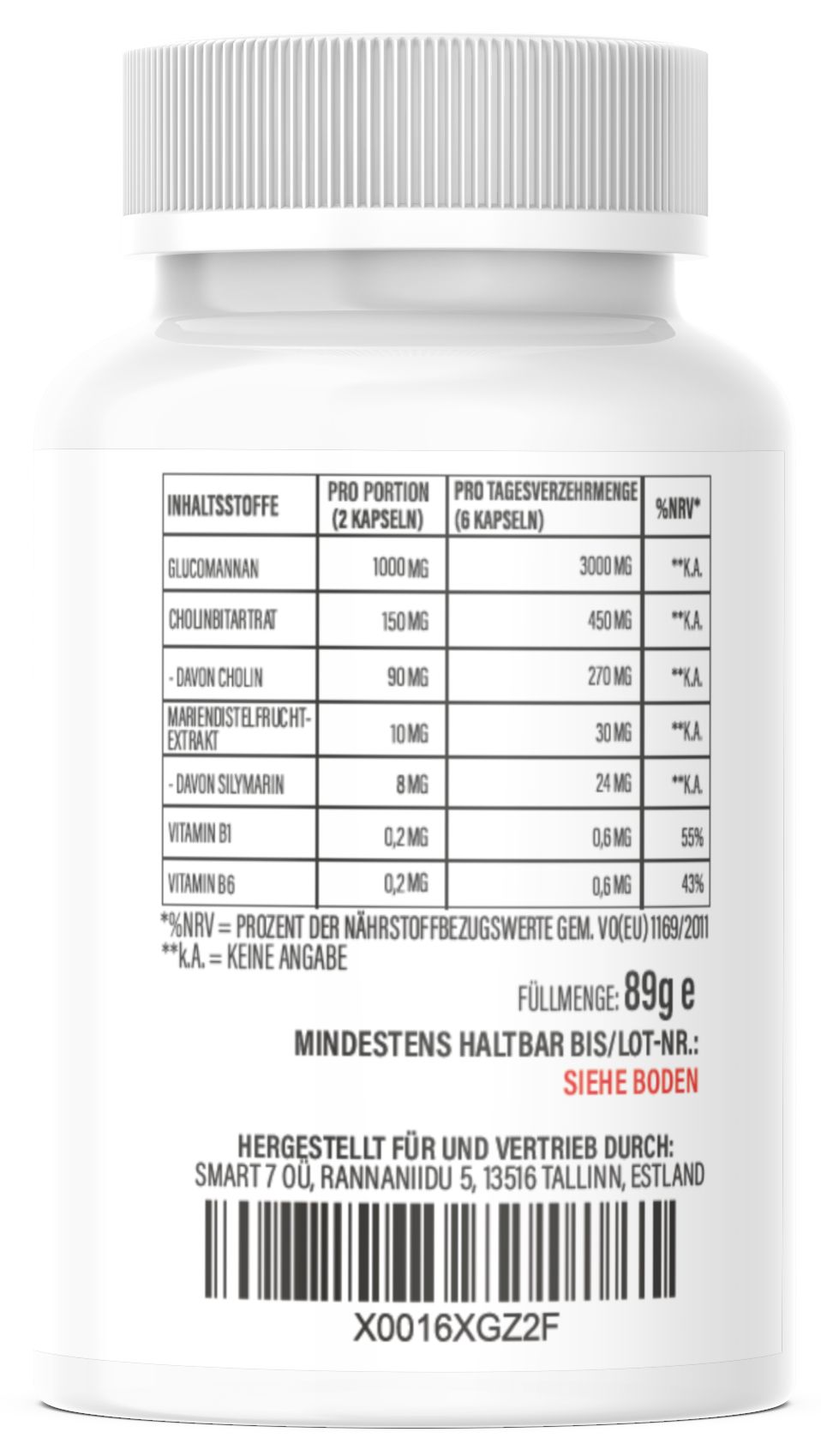 Dos du flacon blanc avec tableau des ingrédients. Contient glucomannane, choline, chardon-marie, vitamines. 89g.