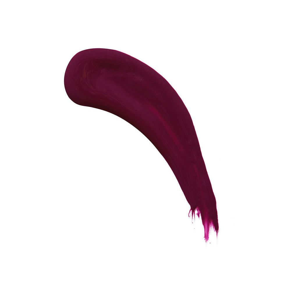 Échantillon de gloss rouge foncé sur fond blanc. La texture est lisse et brillante.