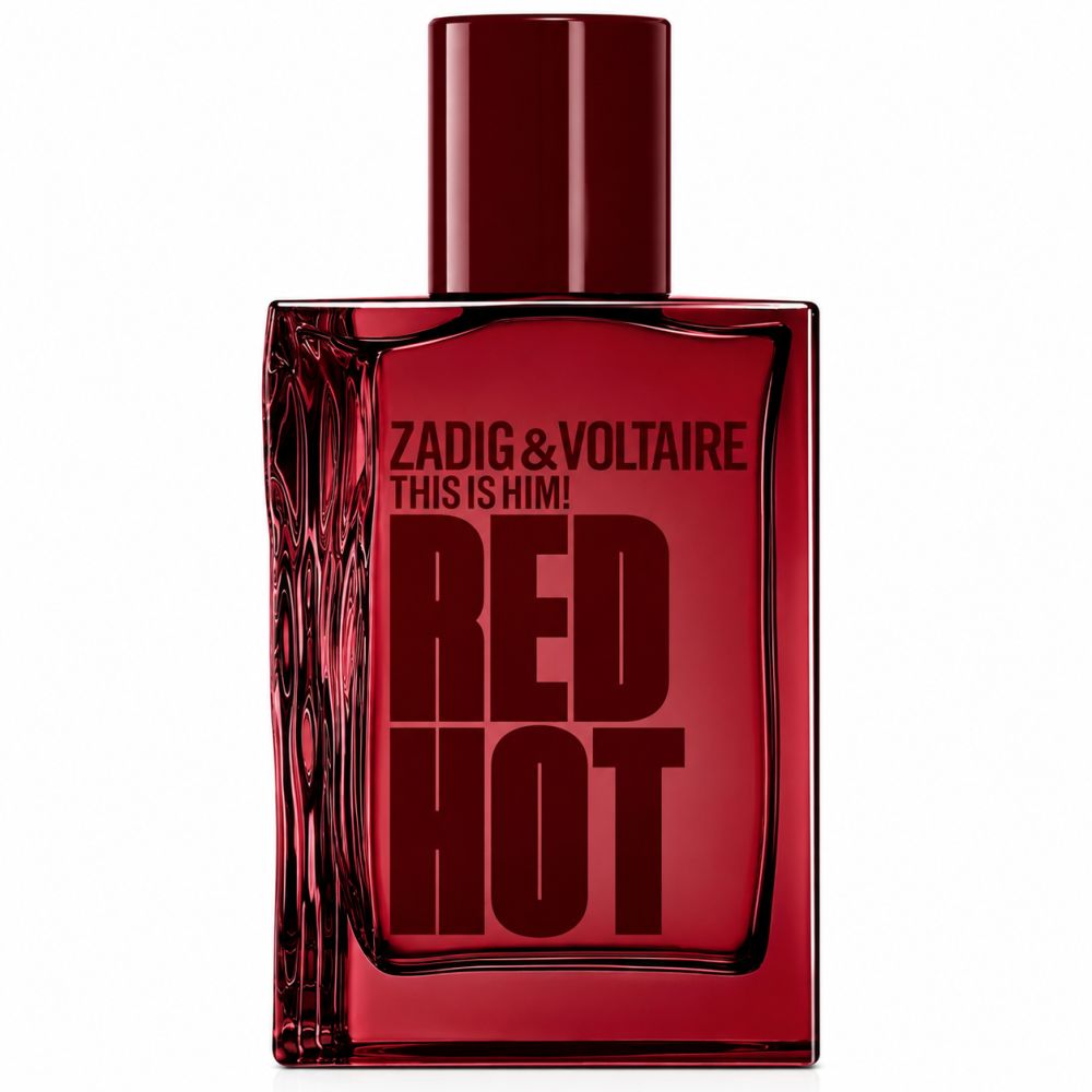 Flacon en verre rouge avec inscription Zadig & Voltaire THIS IS HIM! RED HOT.