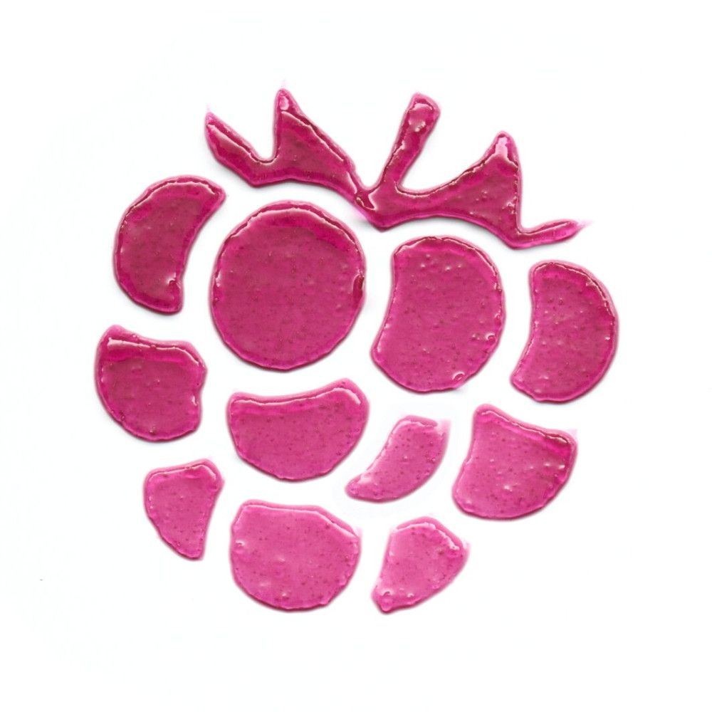 Framboosvormige opstelling van roze balsem op witte achtergrond. De vorm bestaat uit meerdere druppels.