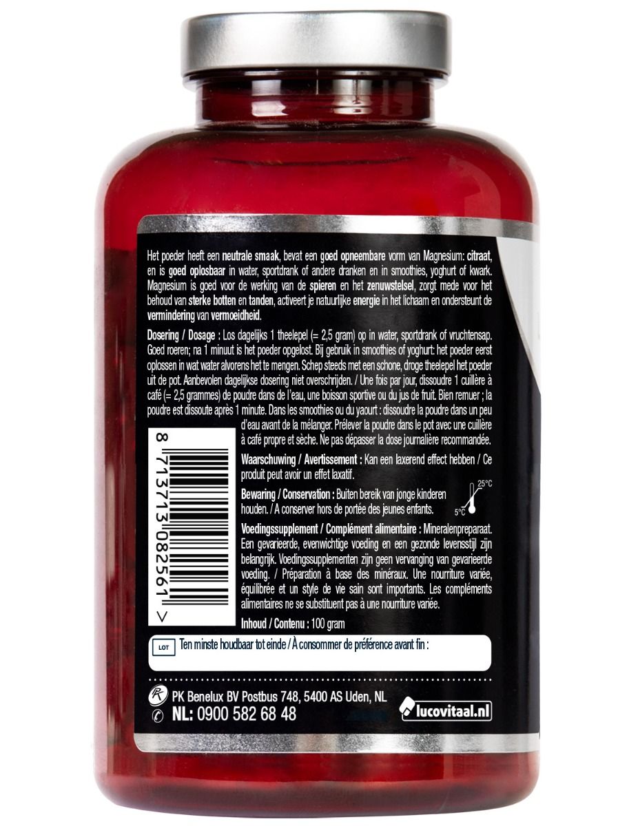 Achterkant van de rode fles. Tekst in het Nederlands en Frans. Barcode en inhoud: 100 g.