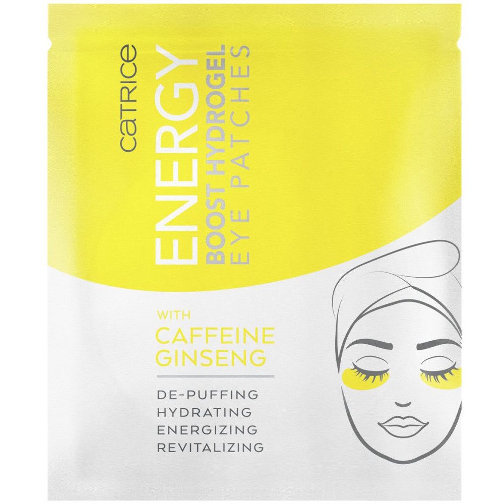 Emballage jaune 'Catrice Energy Boost Hydrogel Eye Patches'. Contient caféine et ginseng. Illustration d'un visage.