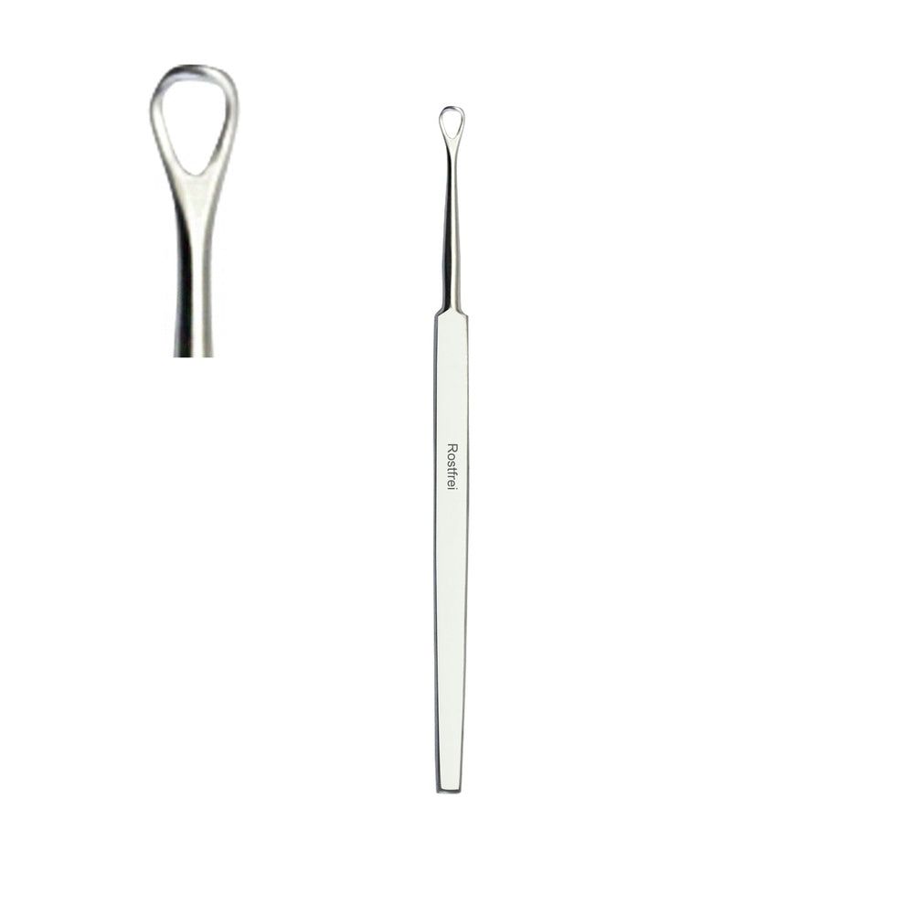 Eenzijdige comedonenheffer. Metaal, met handvat en lus. Zijaanzicht van de lus. Opschrift: Rostfrei.