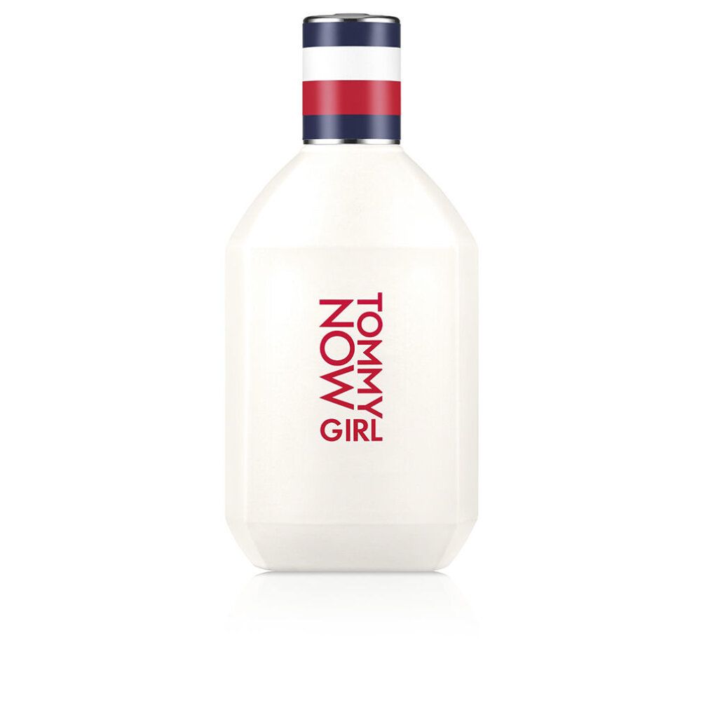 Eau de Toilette Tommy Now Girl. Flacon blanc avec texte rouge. Bouchon bleu-blanc-rouge.