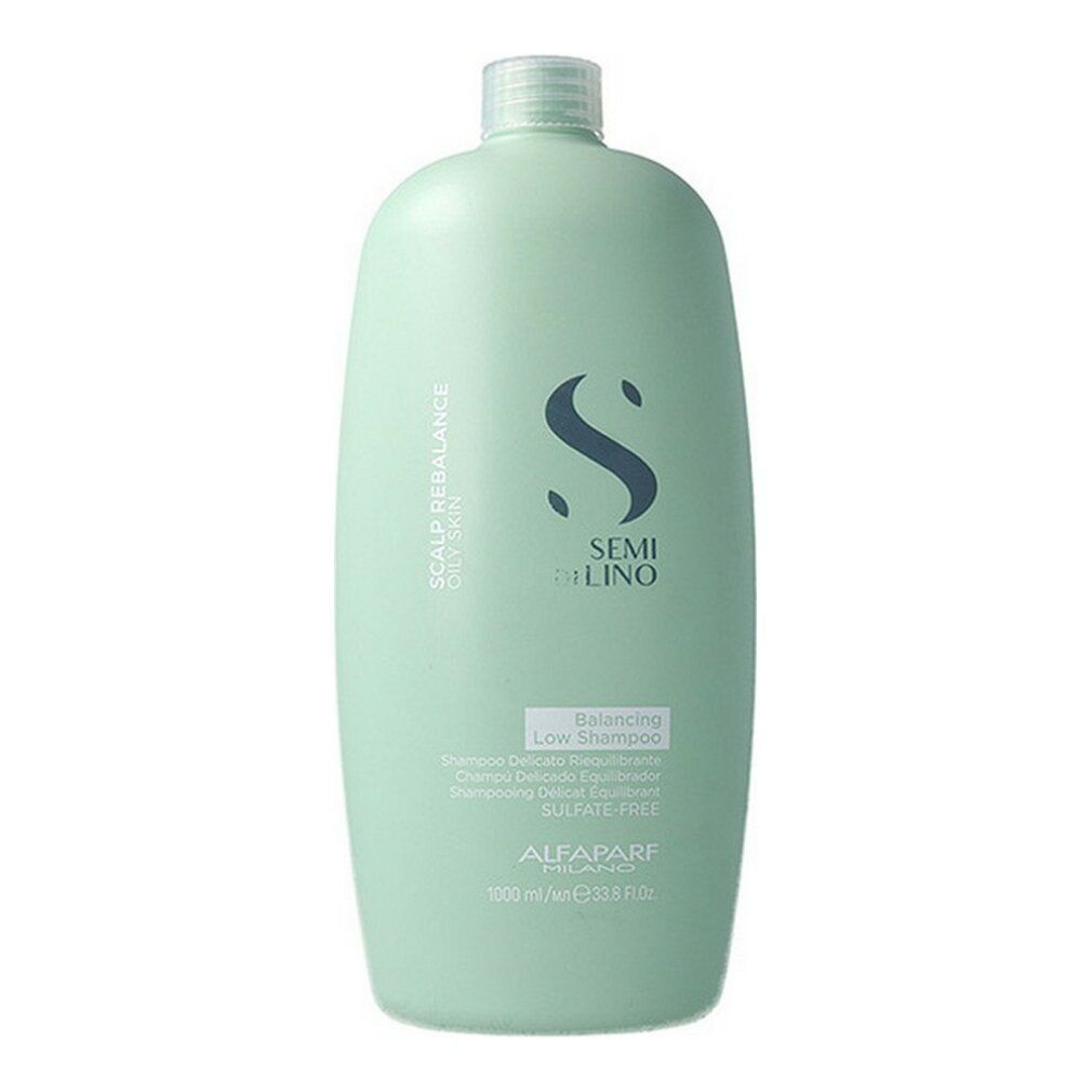 Lichtgroene fles met SEMI DI LINO logo en "Balancing Low Shampoo" opschrift. Bevat 1000ml.
