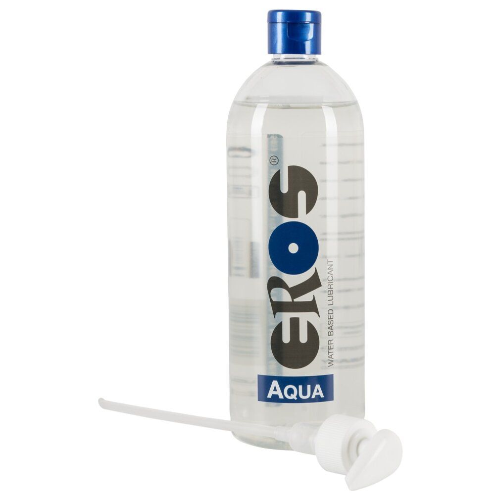 Transparante fles met doseerpomp. Opschrift: EROS Aqua. Glijmiddel op waterbasis. Pomp apart.
