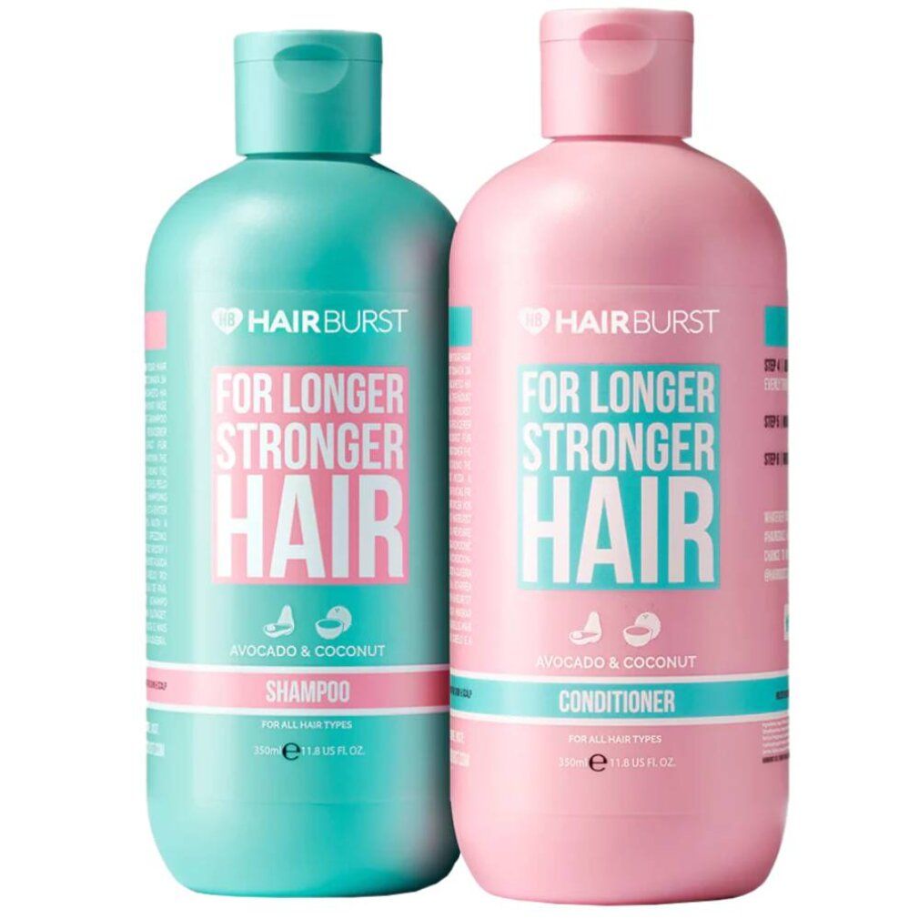 Twee Hairburst flessen: een turquoise shampoofles en een roze conditionerfles, beide met 'For Longer Stronger Hair'.