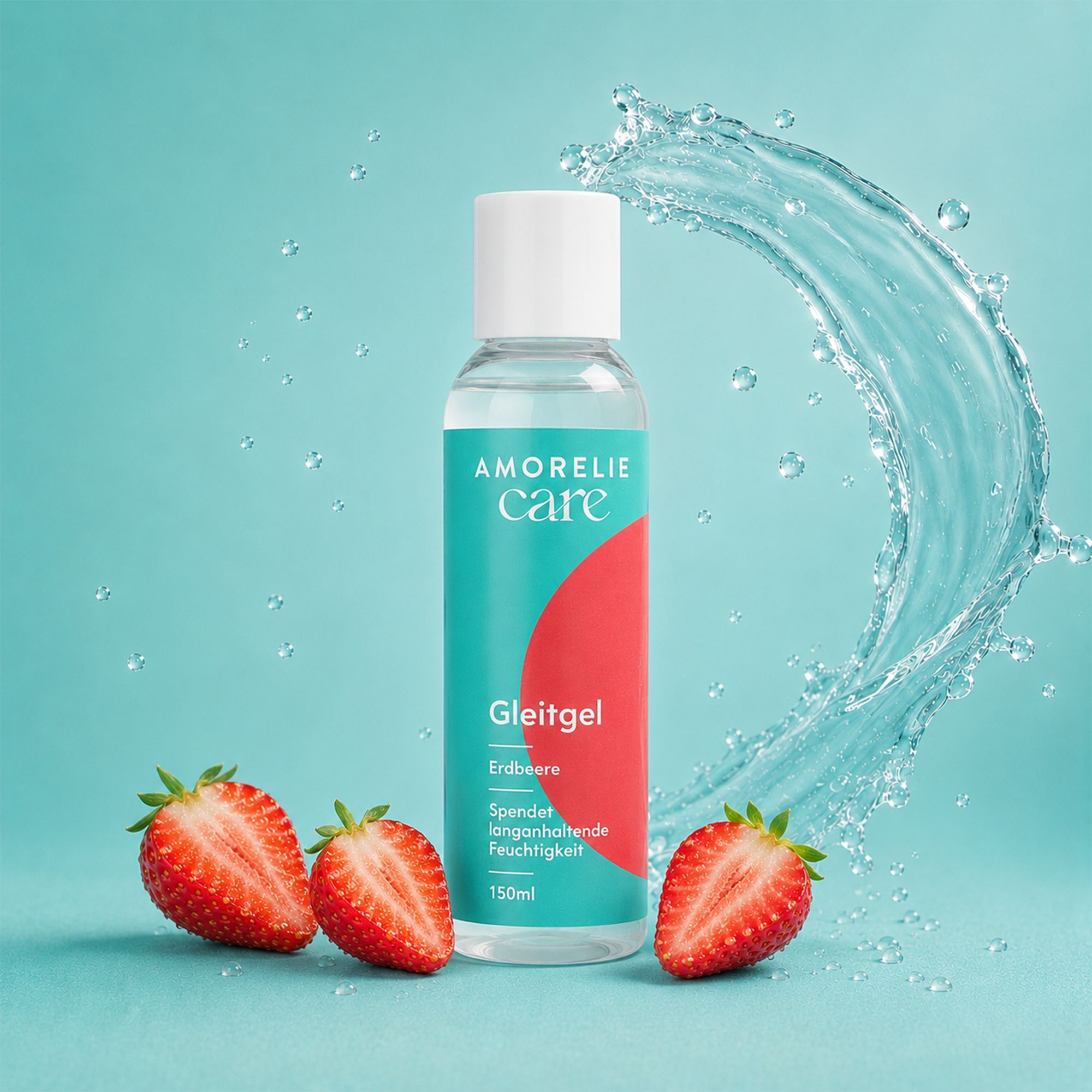 Gel lubrifiant AMORELIE Care Fraise dans une bouteille transparente, entouré de fraises et d'éclaboussures d'eau.