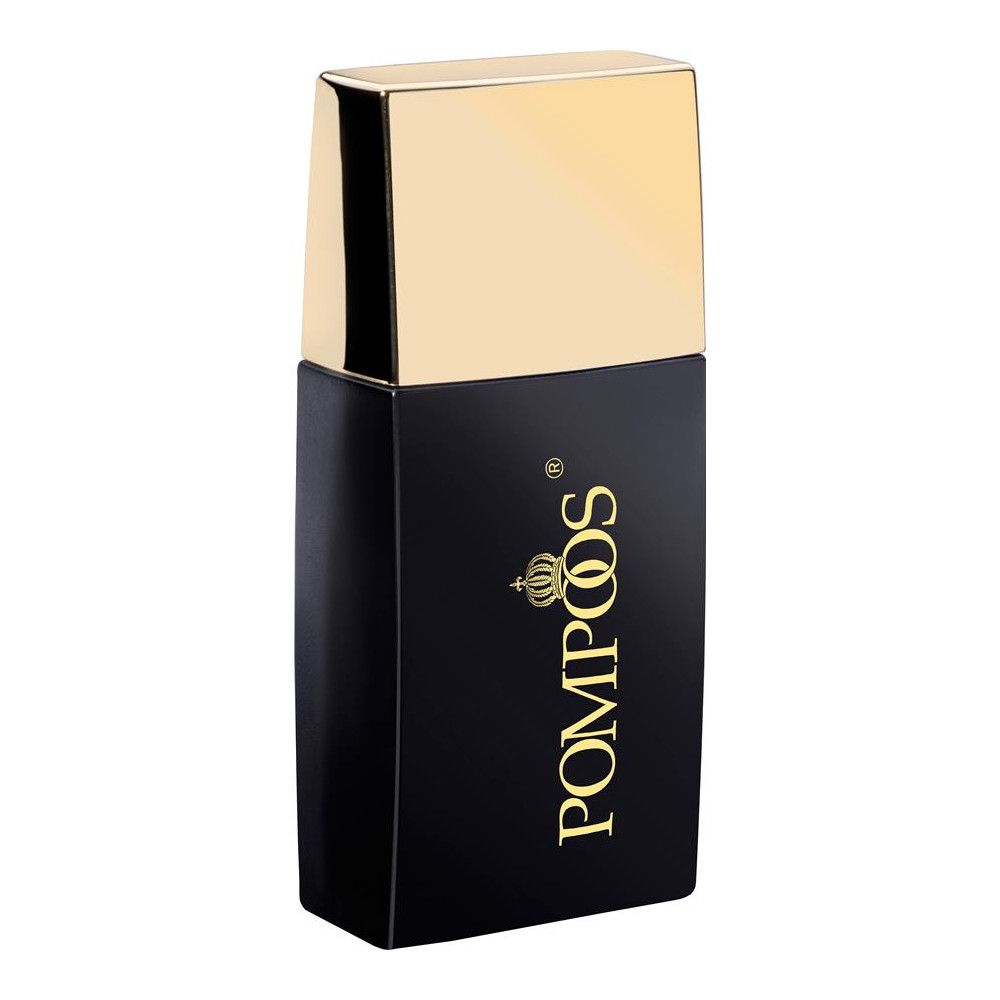 Flacon de fond de teint noir avec bouchon doré. Marque : Pompöös. Logo et texte dorés.