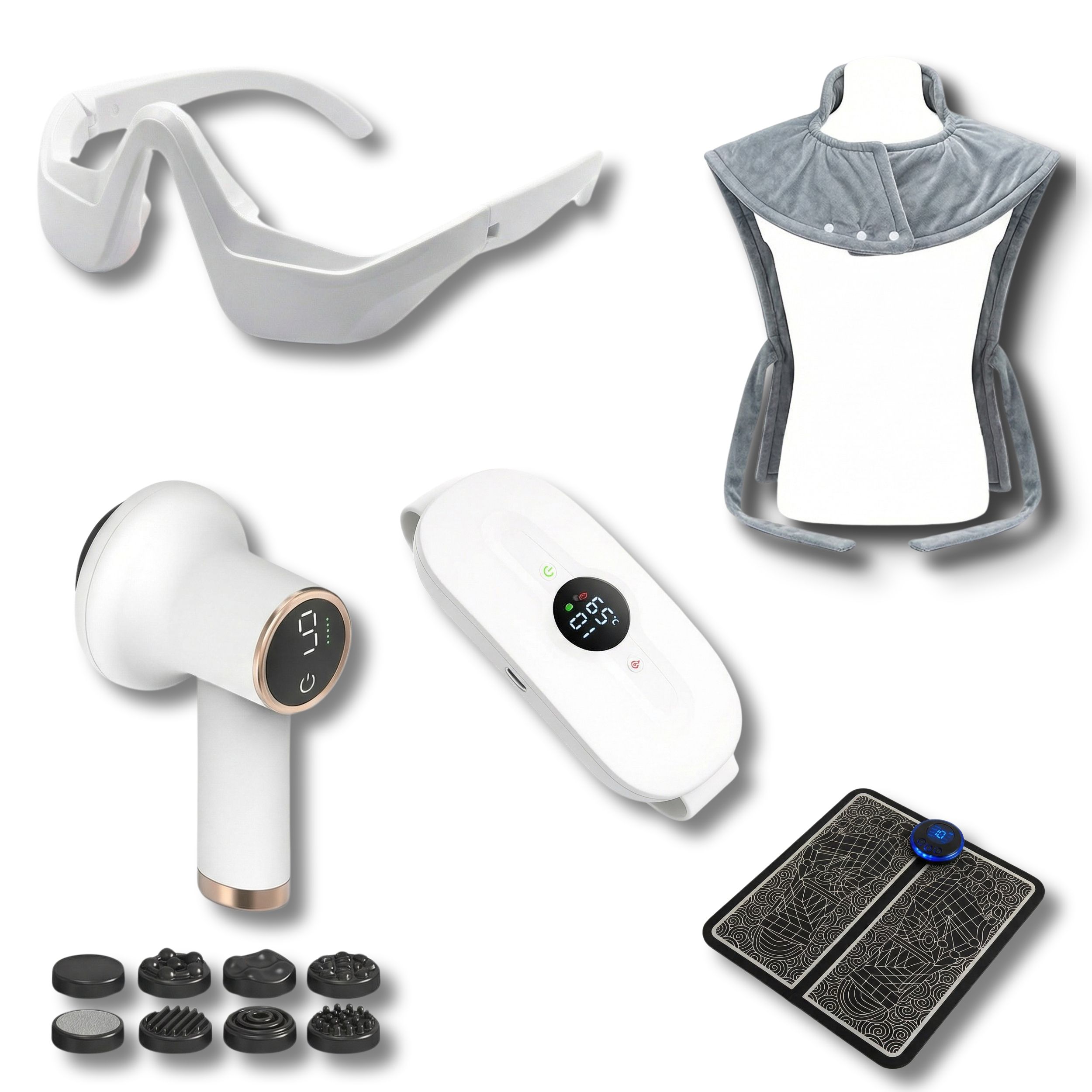 Diverse wellnessproducten: oogmasker, warmtesjaal, verwarmingsriem, anti-cellulite massager, EMS-mat. Verschillende vormen en kleuren.