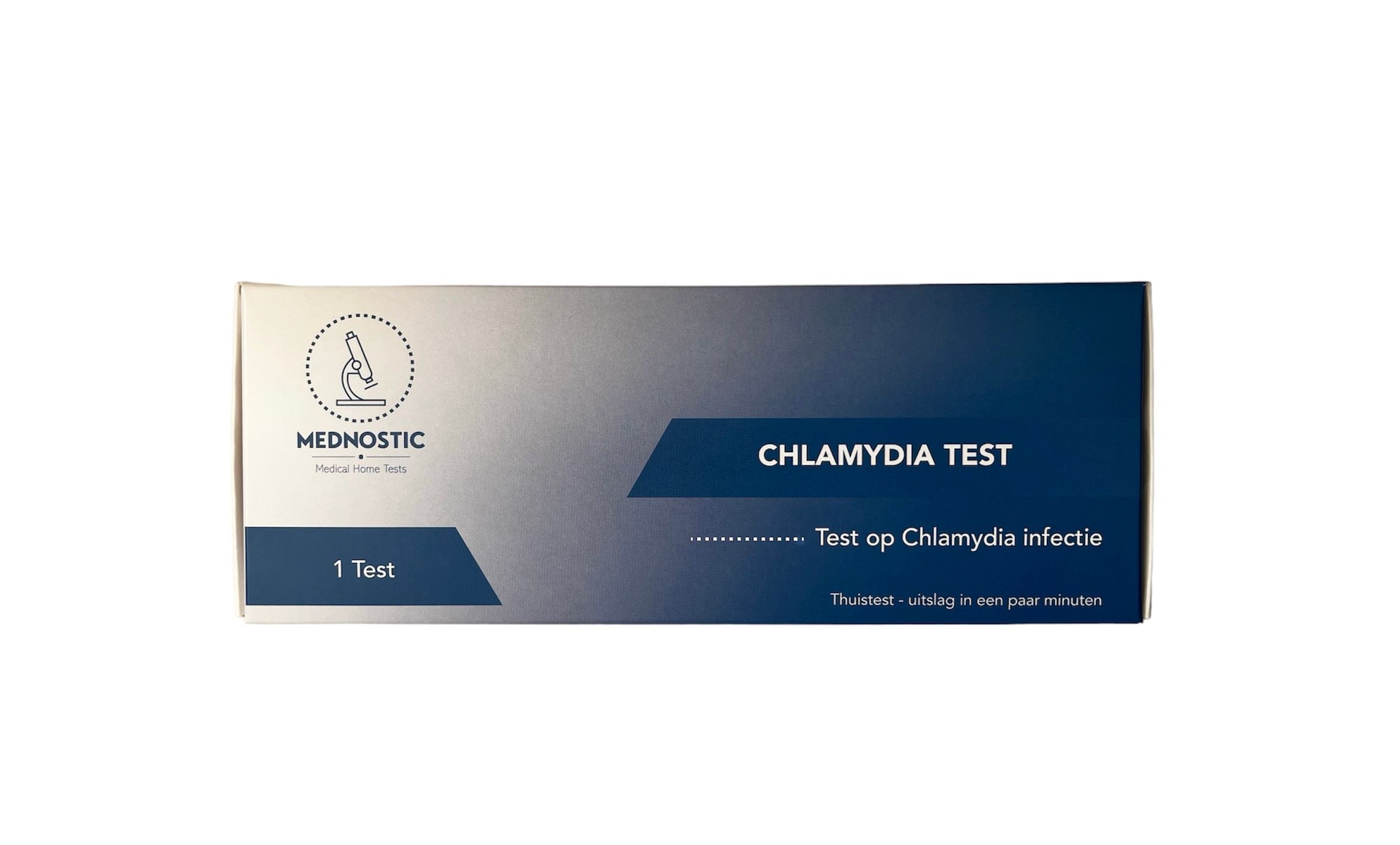 Kartonnen verpakking "CHLAMYDIA TEST" met logo "MEDNOSTIC". Tekst "Test op Chlamydia infectie".