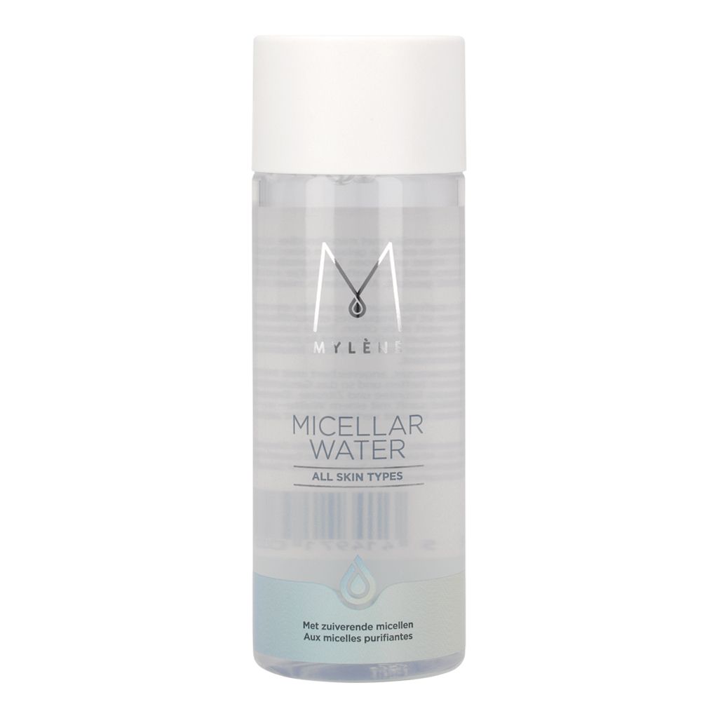Bouteille d'eau micellaire Mylène avec bouchon blanc et étiquette indiquant Micellar Water All Skin Types.