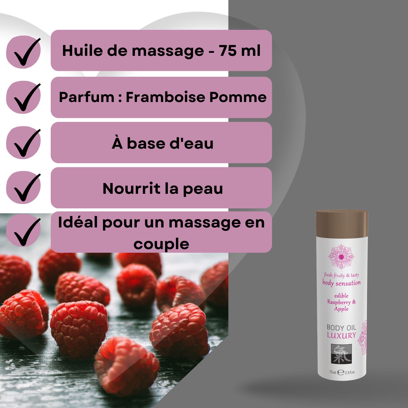 Flacon d'huile corporelle Shiatsu Luxury Framboise & Pomme, 75ml, sur un socle, avec des framboises.