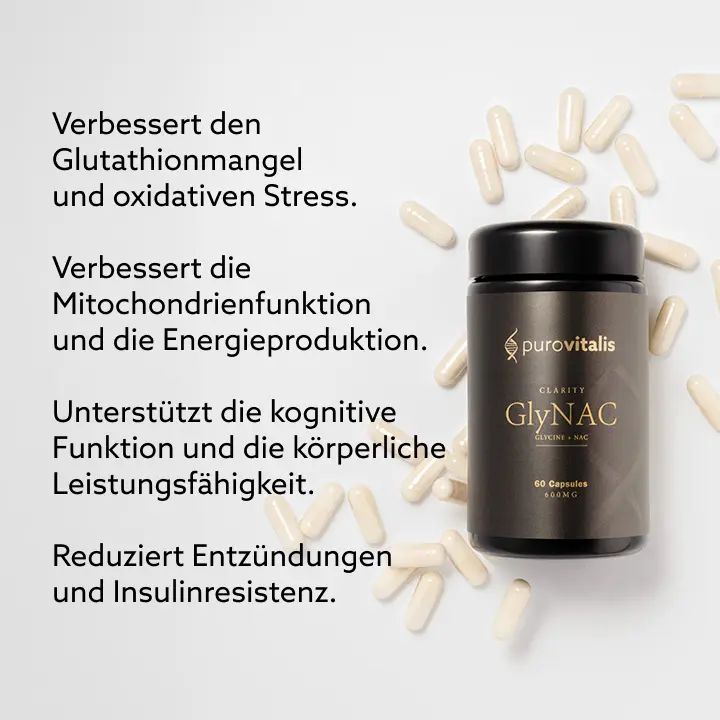 Zwarte fles met zwarte dop, capsules ernaast. Tekst: GlyNAC Clarity, 60 capsules. Merk: Purovitalis.