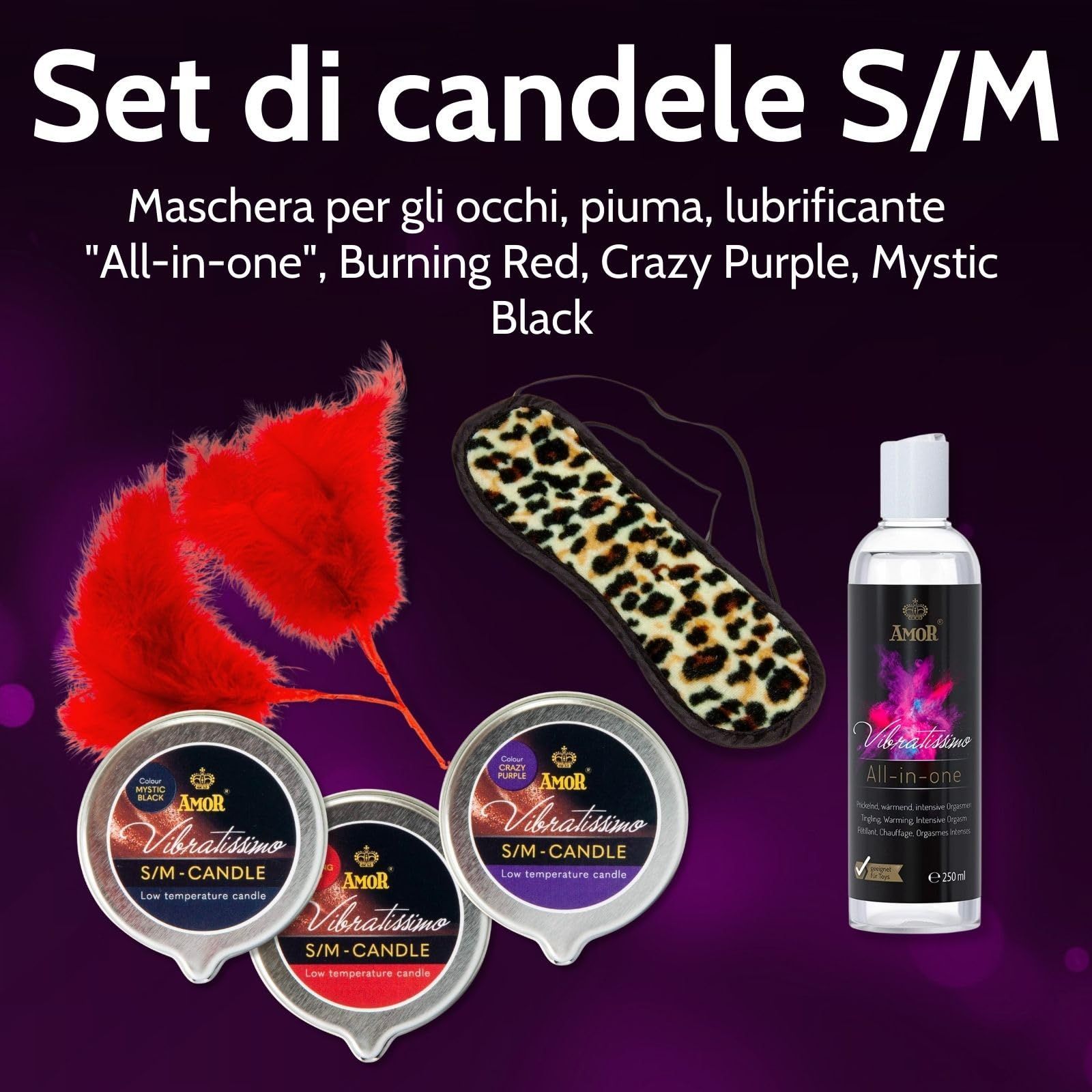 Set de bougies Vibratissimo S/M: bougies, gel lubrifiant, masque pour les yeux, plumes rouges.