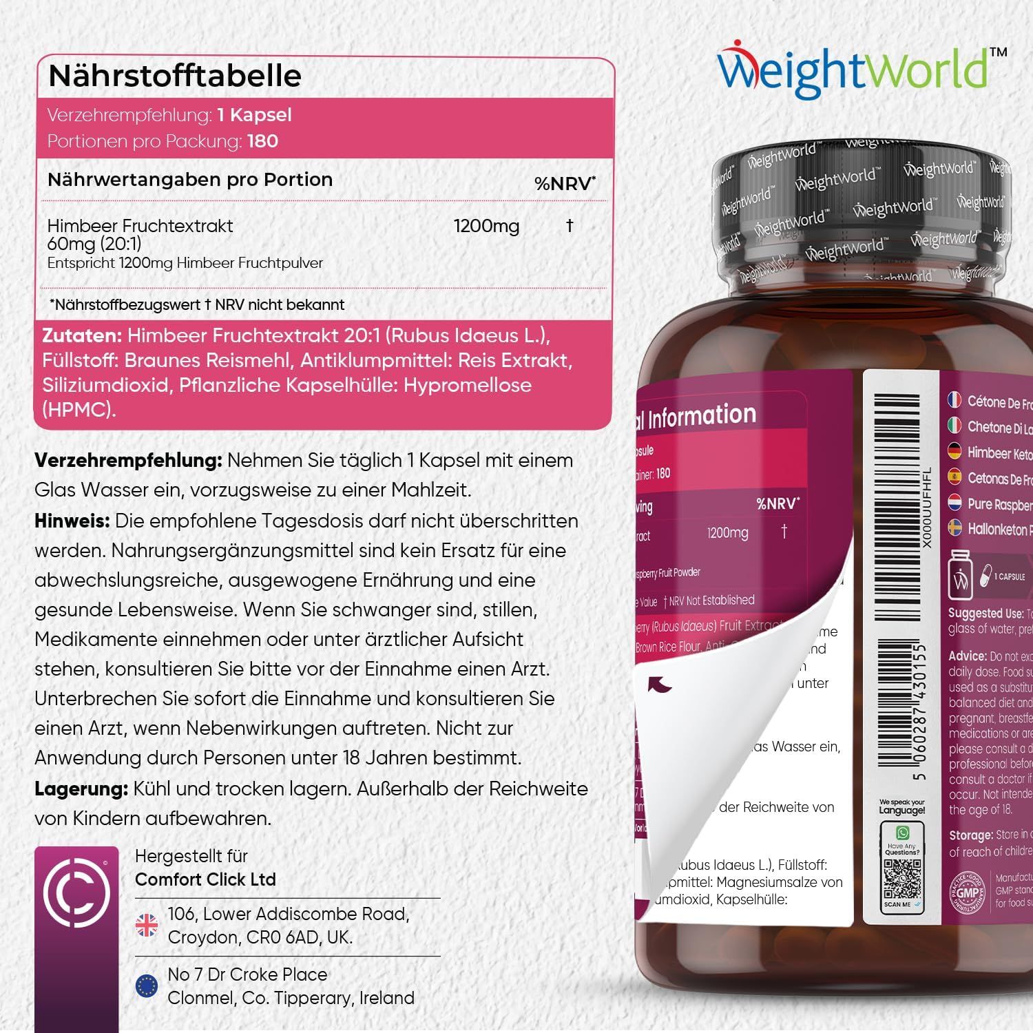 Tableau nutritionnel. Texte: Extrait de fruit de framboise, 60mg (20:1), 1200mg poudre de fruit de framboise. Ingrédients.