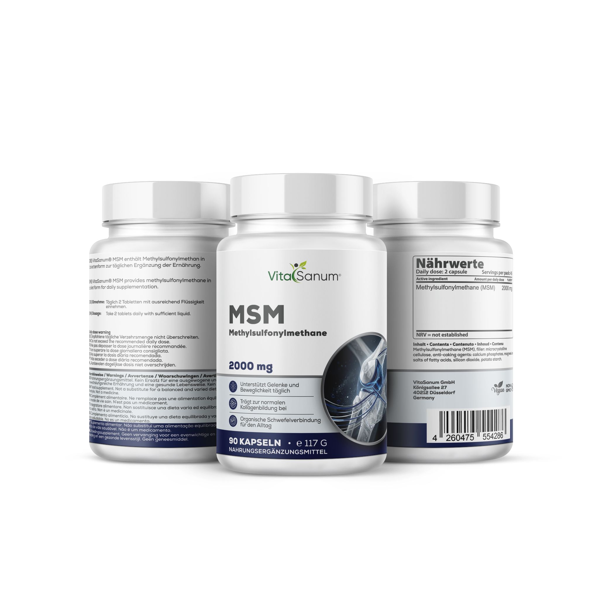 VitaSanum® MSM 2000 mg capsules: Drie potten, één vooraan met blauw etiket, toont gewrichtsafbeelding en productinformatie.