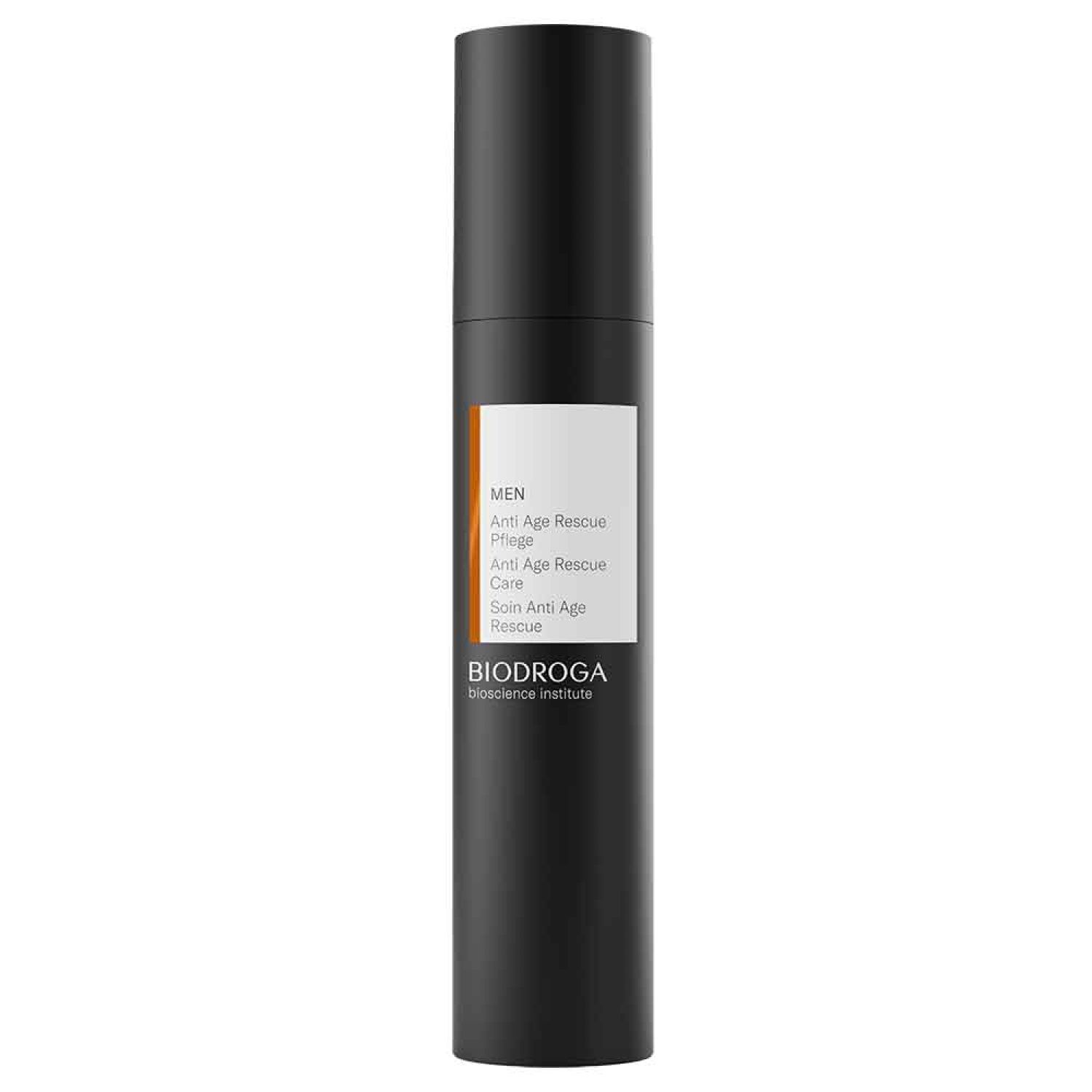 Zwarte fles met wit etiket. Opschrift: MEN, Anti Age Rescue Care, Biodroga.