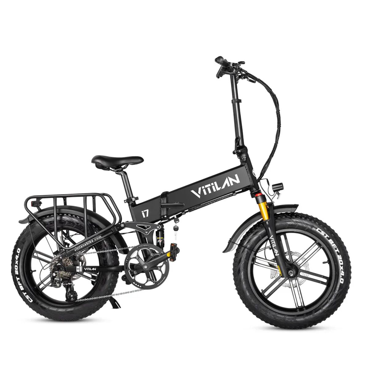 Vélo électrique noir VITILAN i7. Pneus larges, porte-bagages, 8 vitesses.