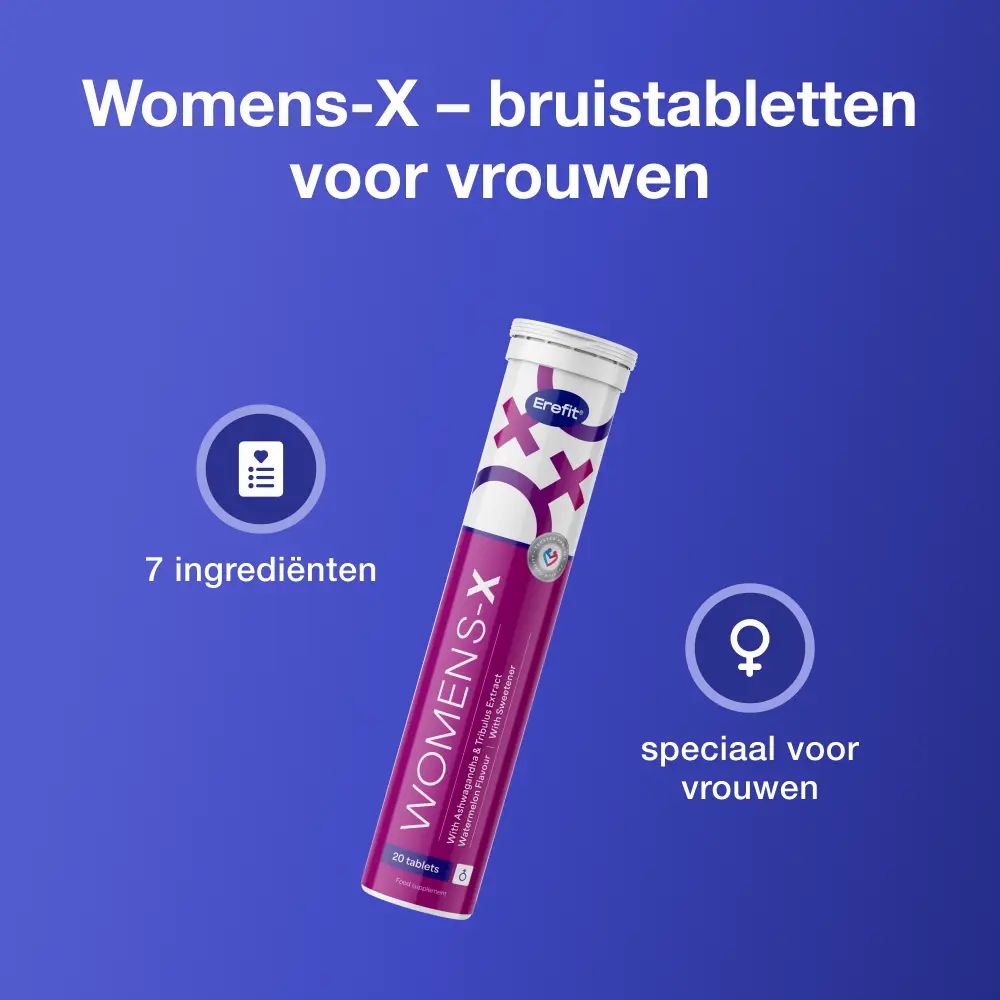 Productverpakking "Erefit Womens-X". 7 ingrediënten. Voor vrouwen. 20 tabletten.