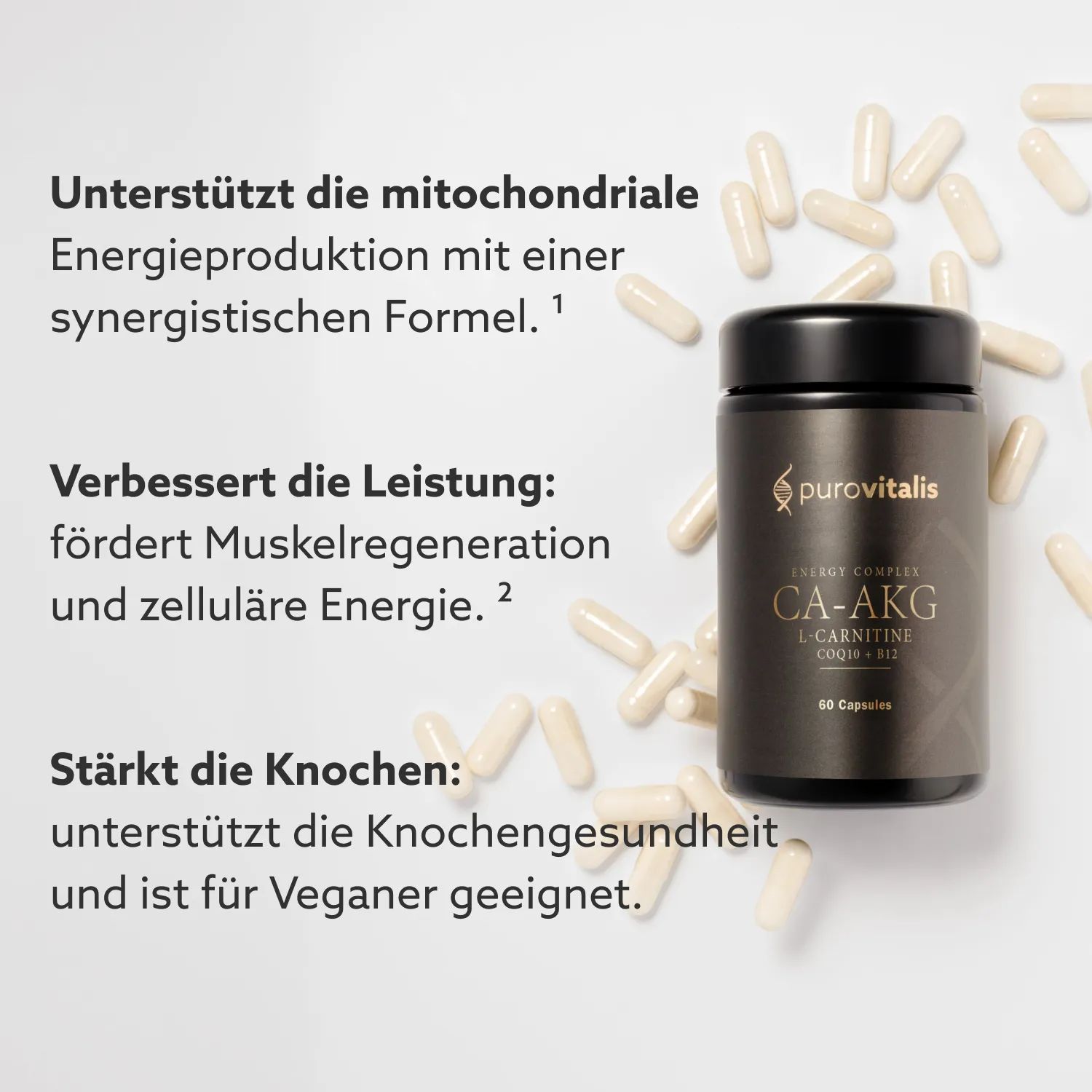 Fles en capsules. Tekst: Ondersteunt energieproductie, verbetert prestaties, versterkt botten. Veganistisch.